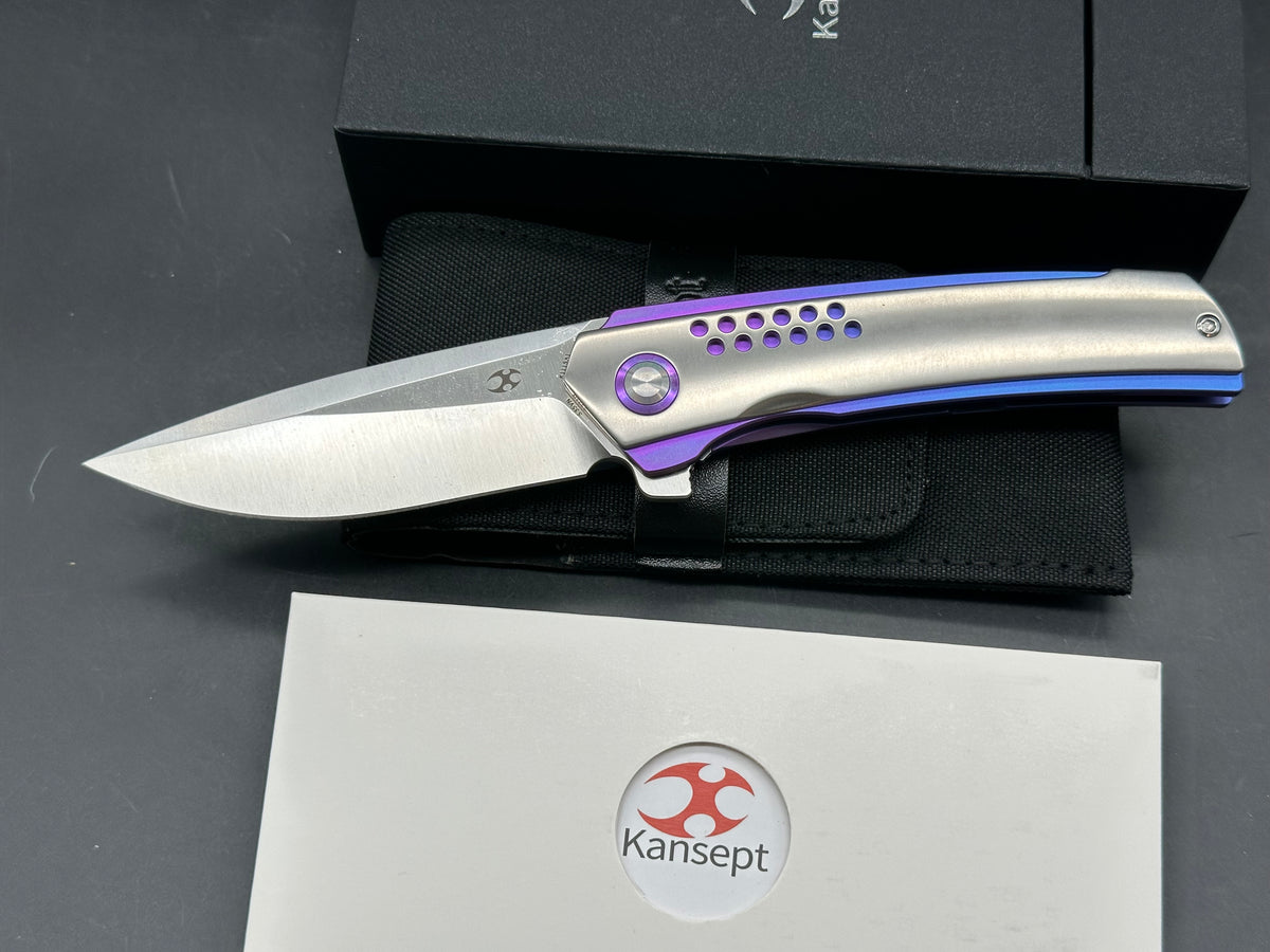 KANSEPT TRACER FOLDING KNIFE NATURAL/BLUE-PURPLE ANODIZED TITANIUM HANDLE 3.5" SATIN S35VN DROP POINT PLAIN EDGE