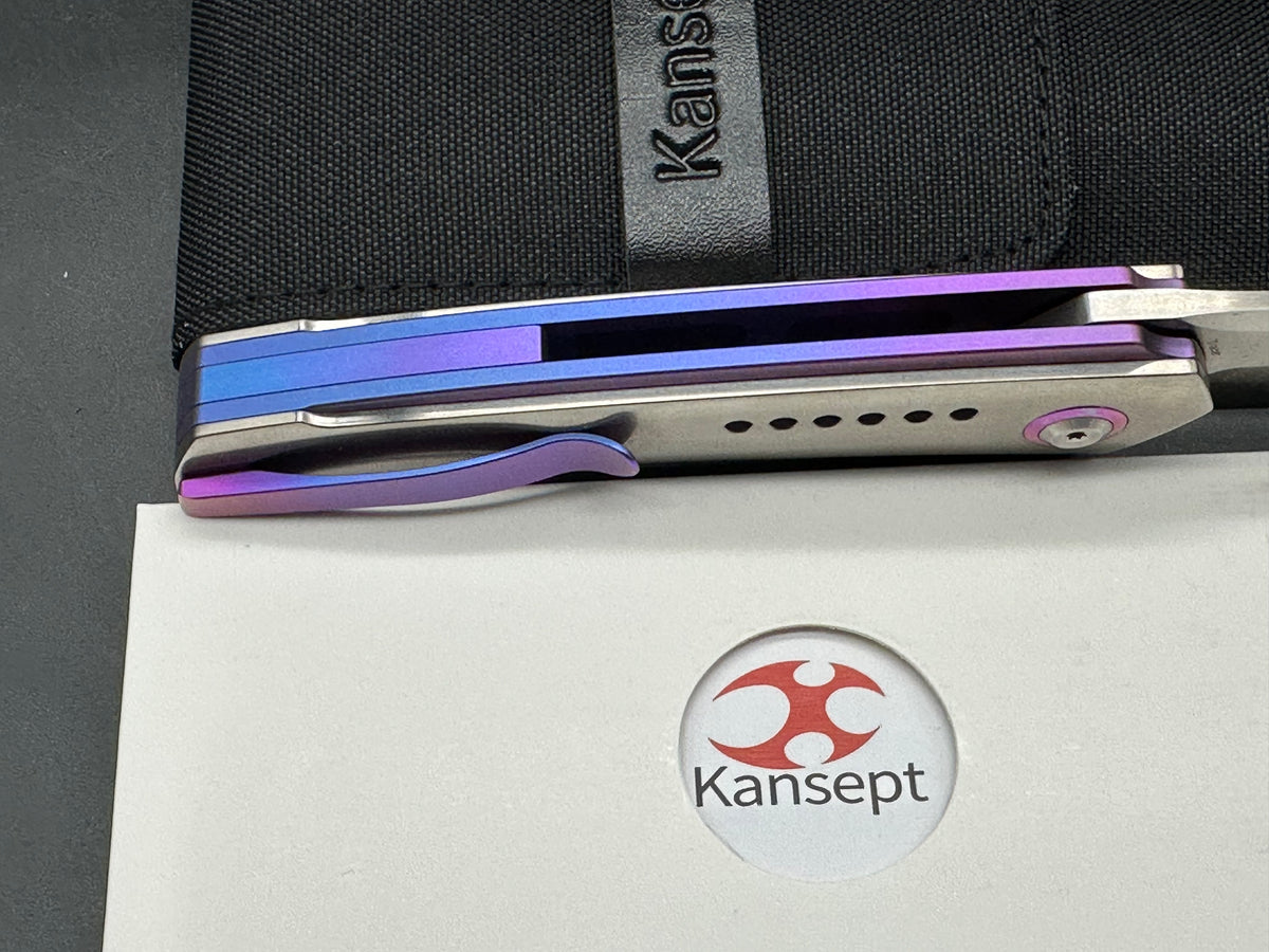 KANSEPT TRACER FOLDING KNIFE NATURAL/BLUE-PURPLE ANODIZED TITANIUM HANDLE 3.5" SATIN S35VN DROP POINT PLAIN EDGE