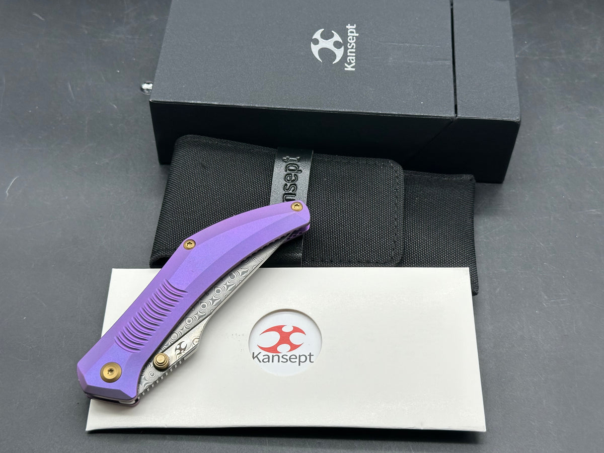 KANSEPT NAVAJA FOLDING KNIFE PURPLE ANODIZED TITANIUM HANDLE 3.6" DAMASCUS MODIFIED CLIP POINT PLAIN EDGE