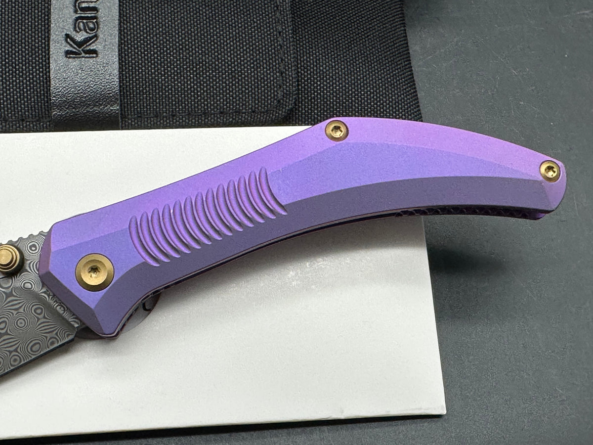 KANSEPT NAVAJA FOLDING KNIFE PURPLE ANODIZED TITANIUM HANDLE 3.6" DAMASCUS MODIFIED CLIP POINT PLAIN EDGE