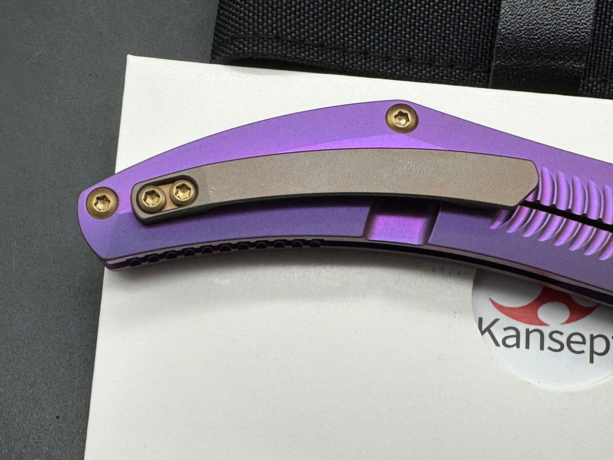 KANSEPT NAVAJA FOLDING KNIFE PURPLE ANODIZED TITANIUM HANDLE 3.6" DAMASCUS MODIFIED CLIP POINT PLAIN EDGE