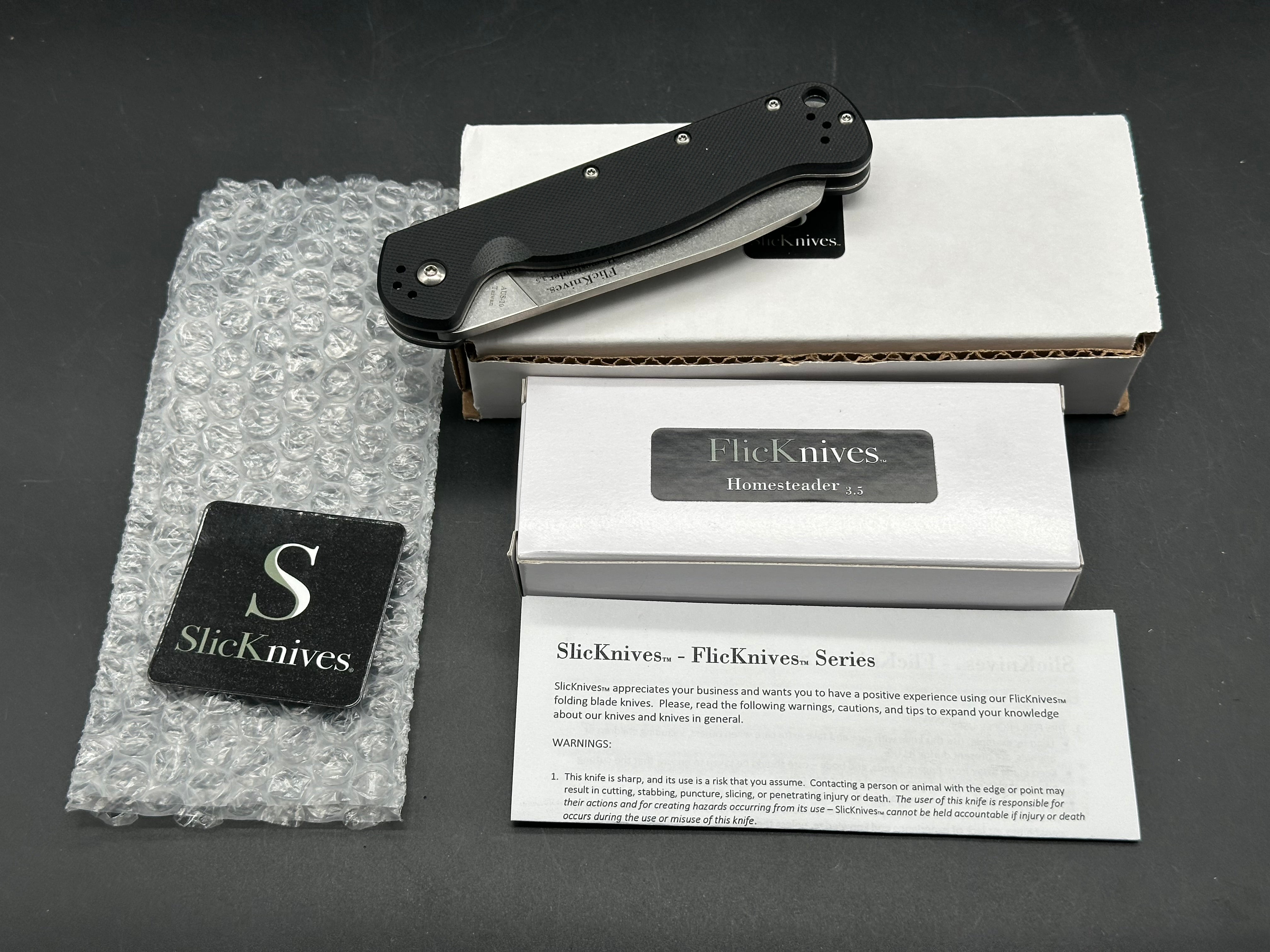 SlicKnives FlicKnives Homsteader 3.5 (3.5" AUS 10) Stonewash Sheepsfoot Blade with Black G10
