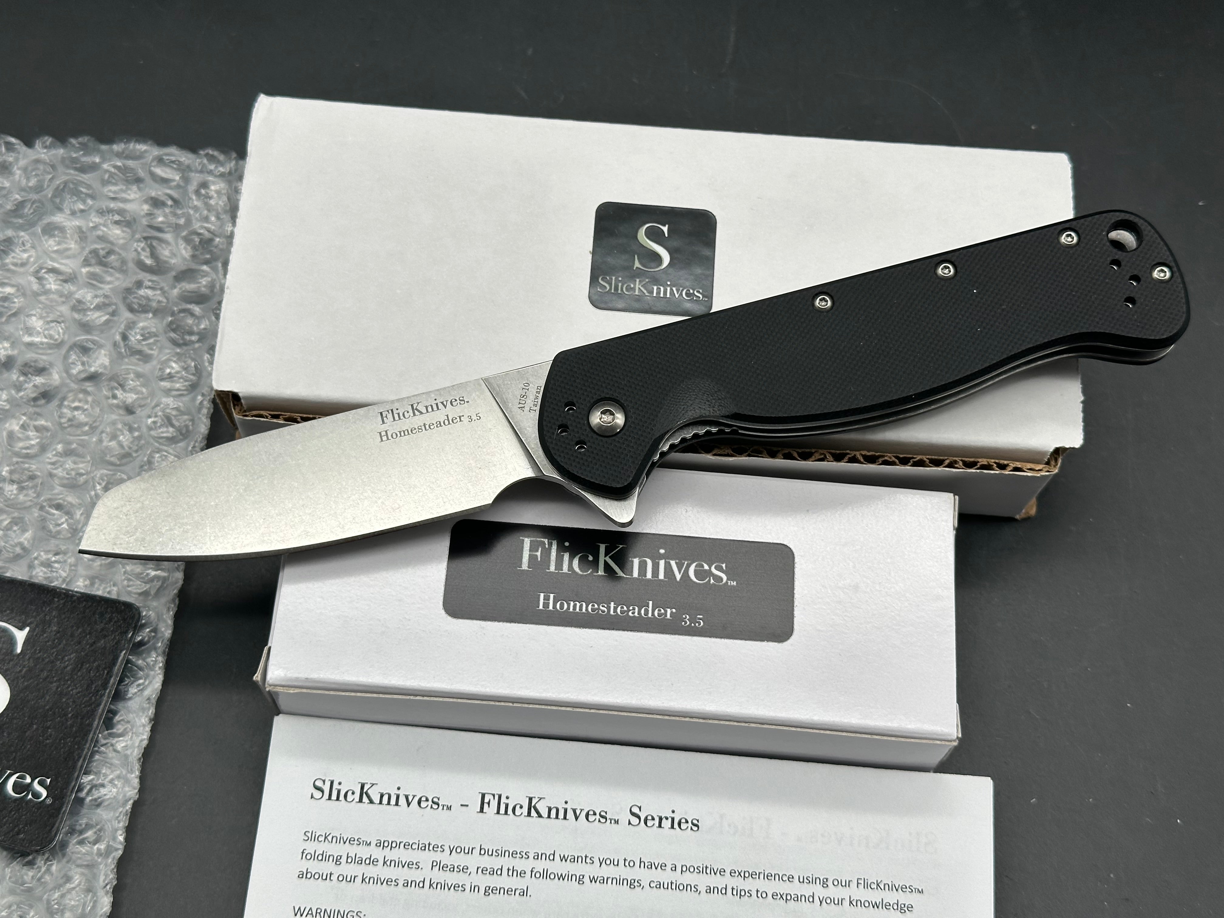 SlicKnives FlicKnives Homsteader 3.5 (3.5" AUS 10) Stonewash Sheepsfoot Blade with Black G10