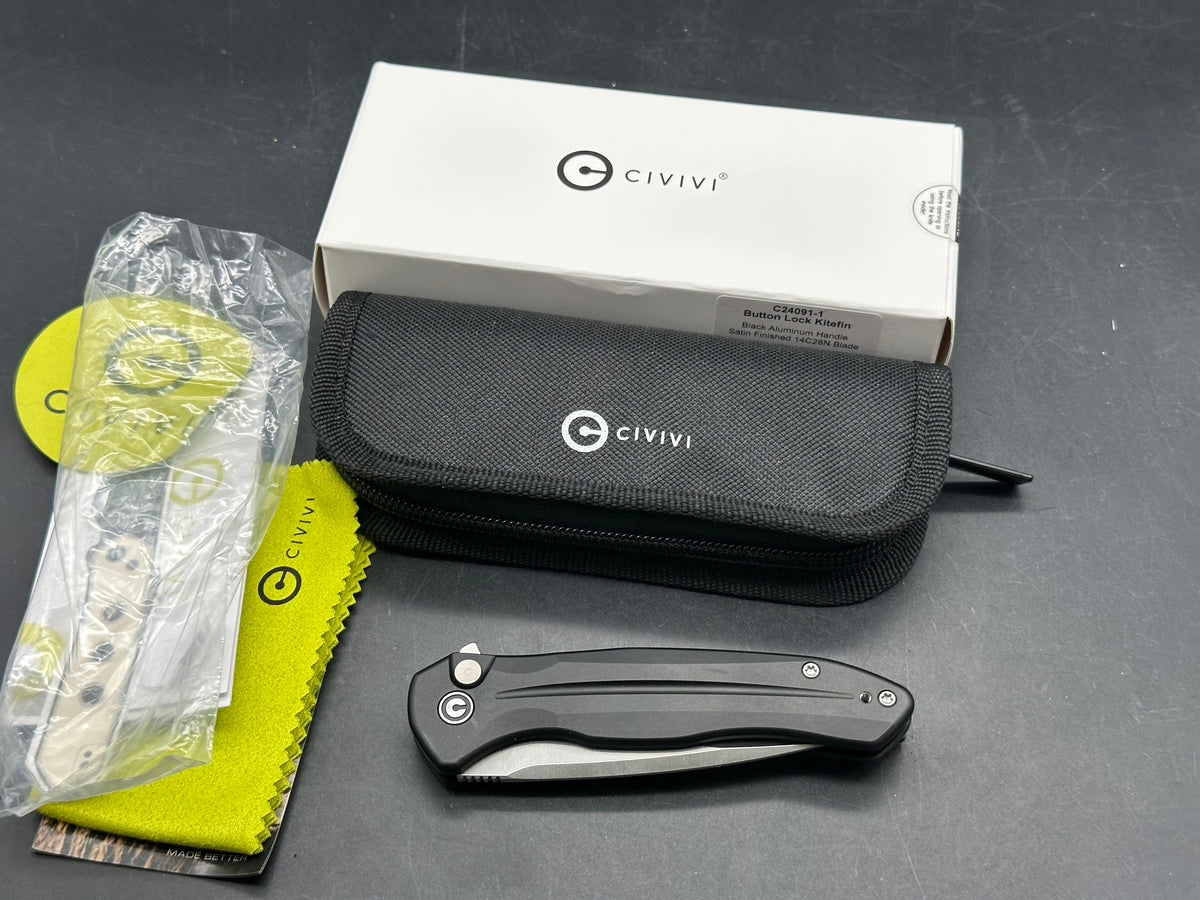 Civivi Kitefin, 3.22" 14C28N Satin Drop Point Blade with Black Aluminum Scales