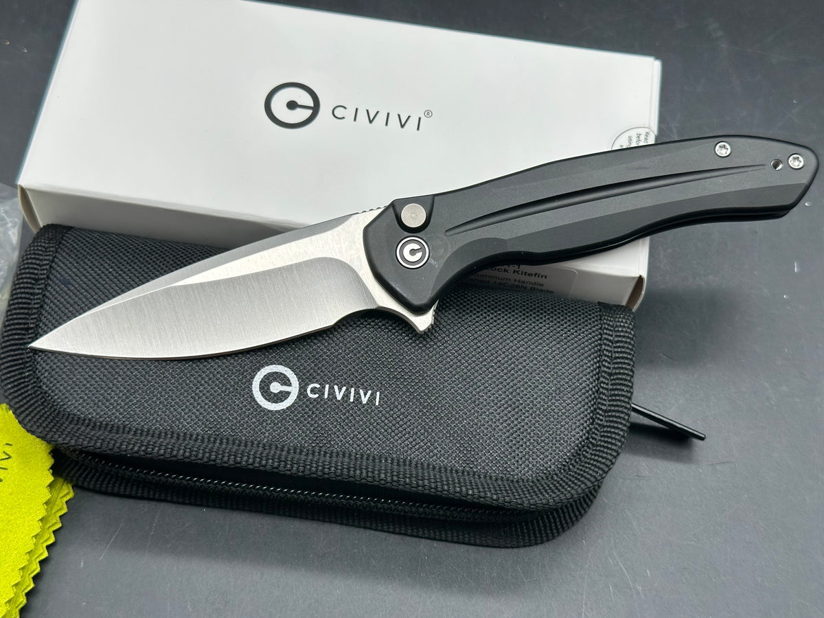 Civivi Kitefin, 3.22" 14C28N Satin Drop Point Blade with Black Aluminum Scales