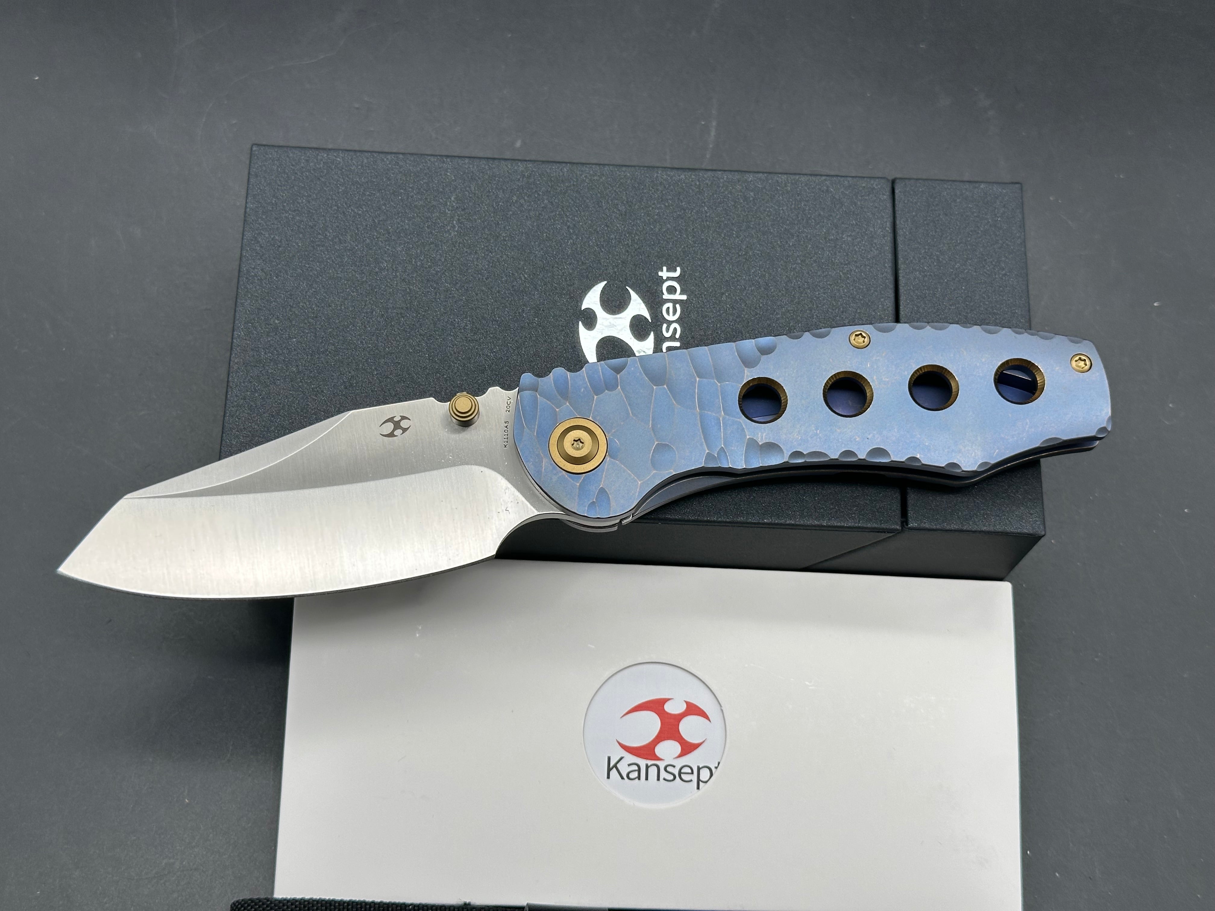 KANSEPT CAVEMAN BLUE ANODIZED TITANIUM CNC-MACHINED ROCK PATTERN HANDLE 3.57" CPM 20CV BLADE