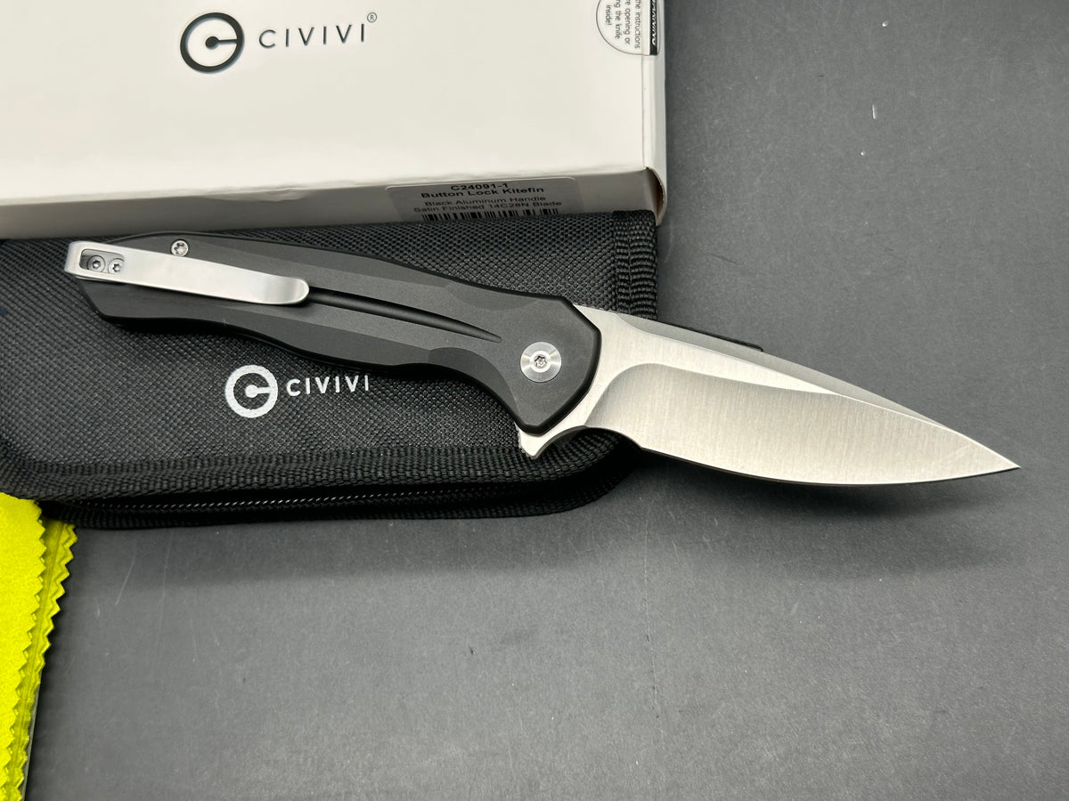 Civivi Kitefin, 3.22" 14C28N Satin Drop Point Blade with Black Aluminum Scales