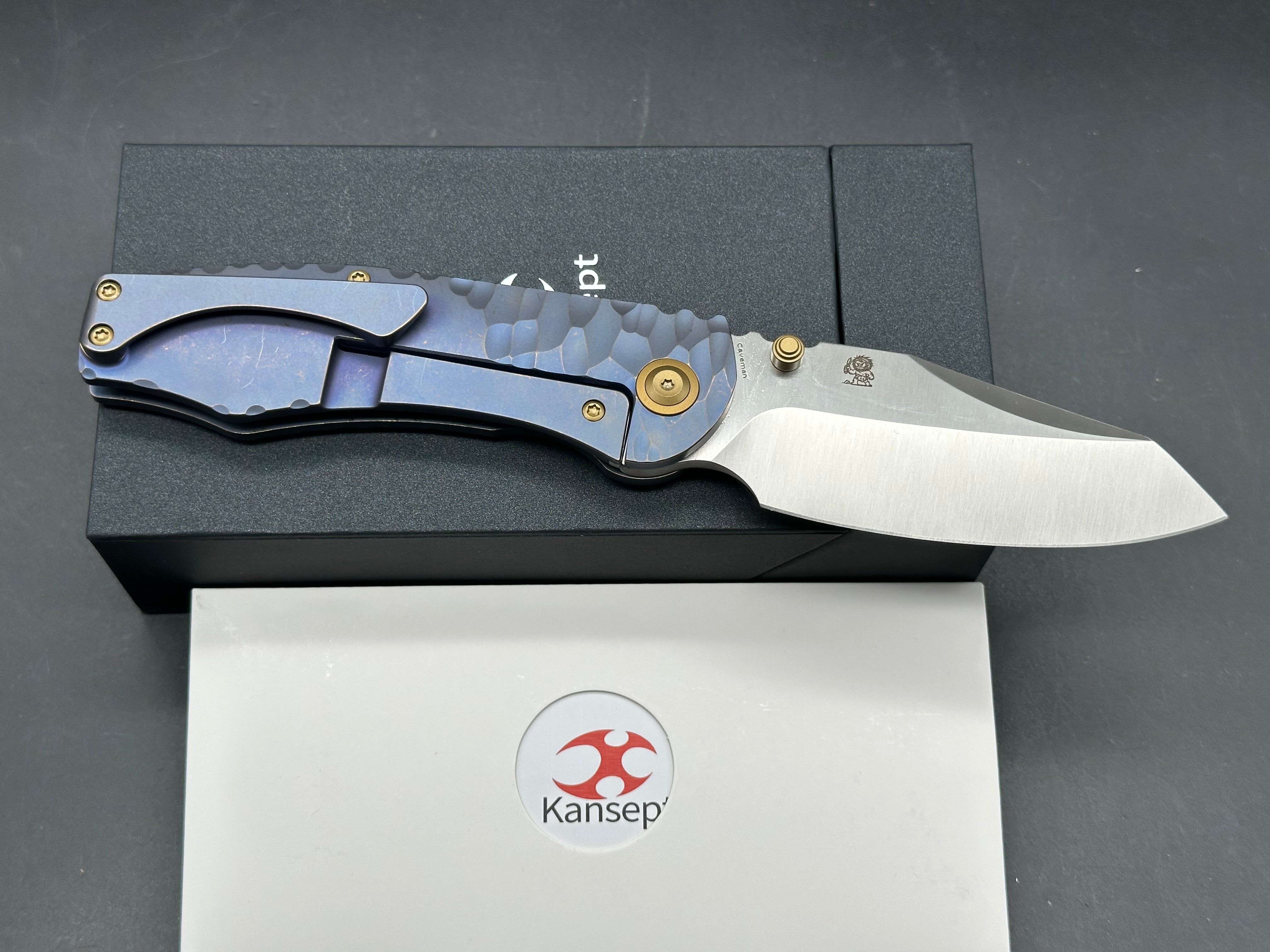 KANSEPT CAVEMAN BLUE ANODIZED TITANIUM CNC-MACHINED ROCK PATTERN HANDLE 3.57" CPM 20CV BLADE
