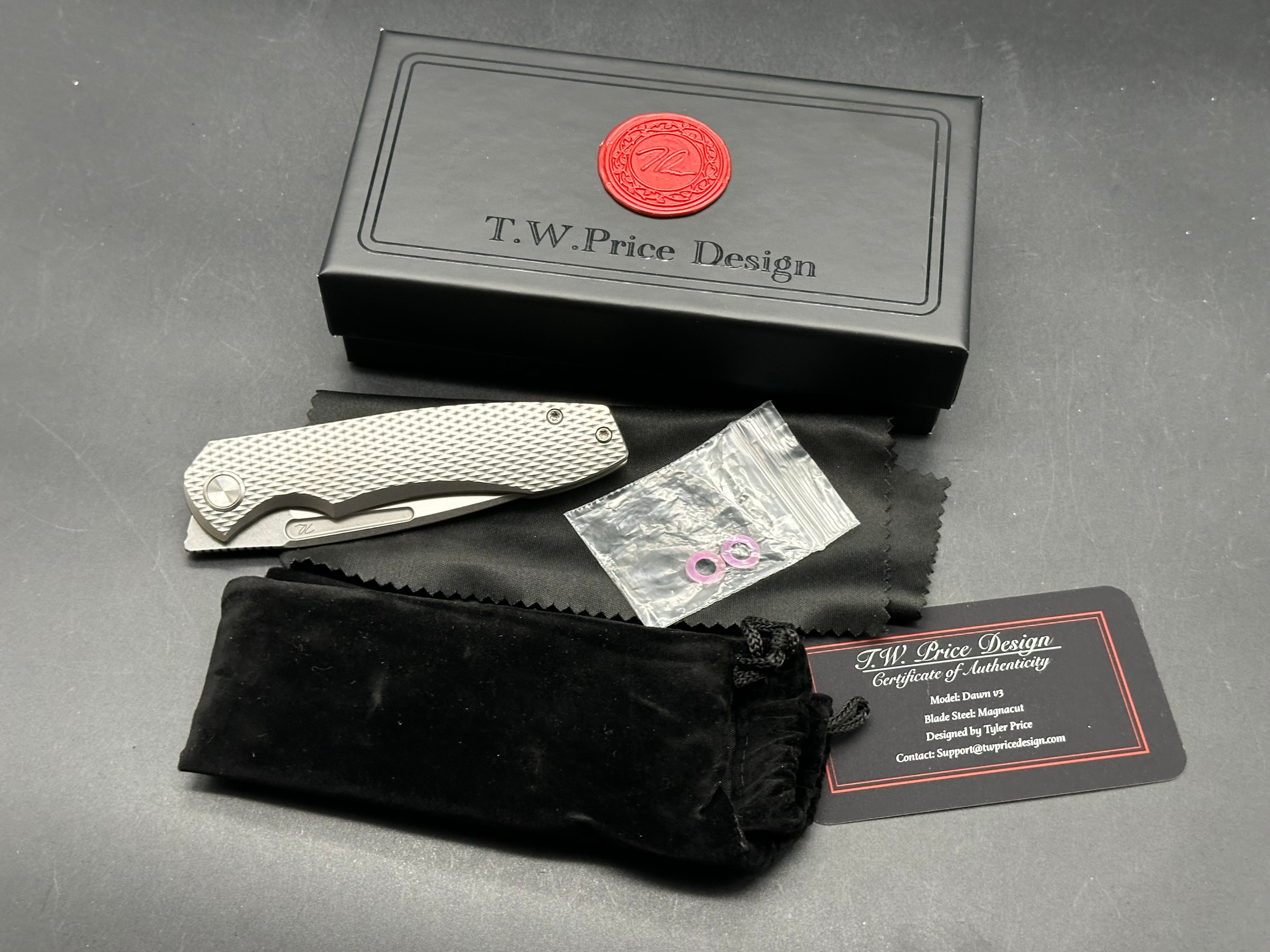 T.W. Price/Bestech Dawn v3 3.3" CPM MagnaCut Polished Stonewash Blade with Milled Diamond Textured Titanium Scales