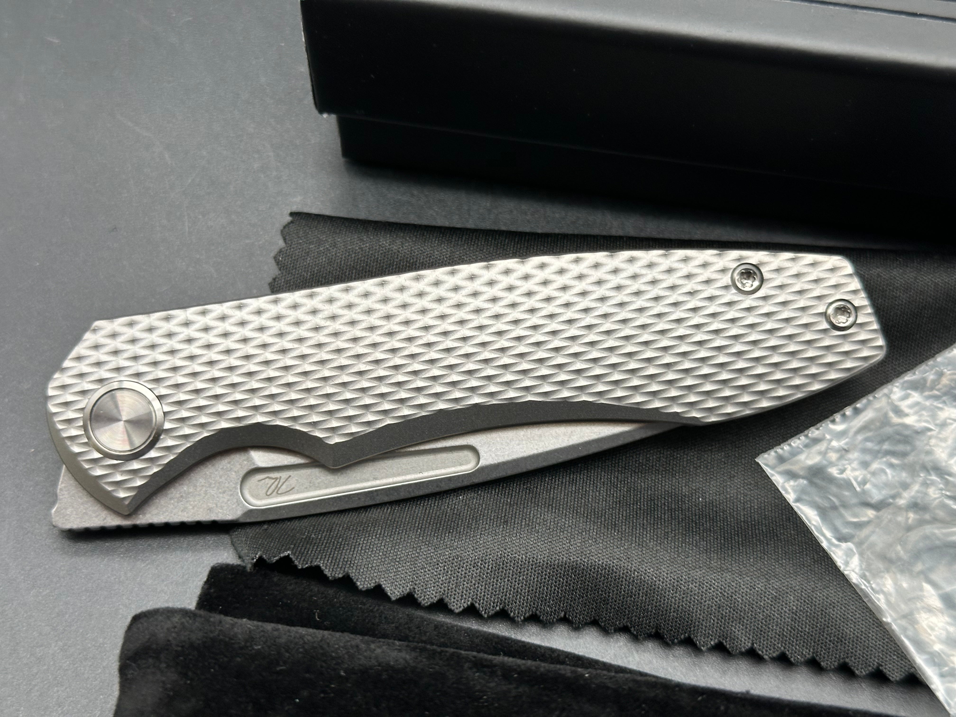 T.W. Price/Bestech Dawn v3 3.3" CPM MagnaCut Polished Stonewash Blade with Milled Diamond Textured Titanium Scales