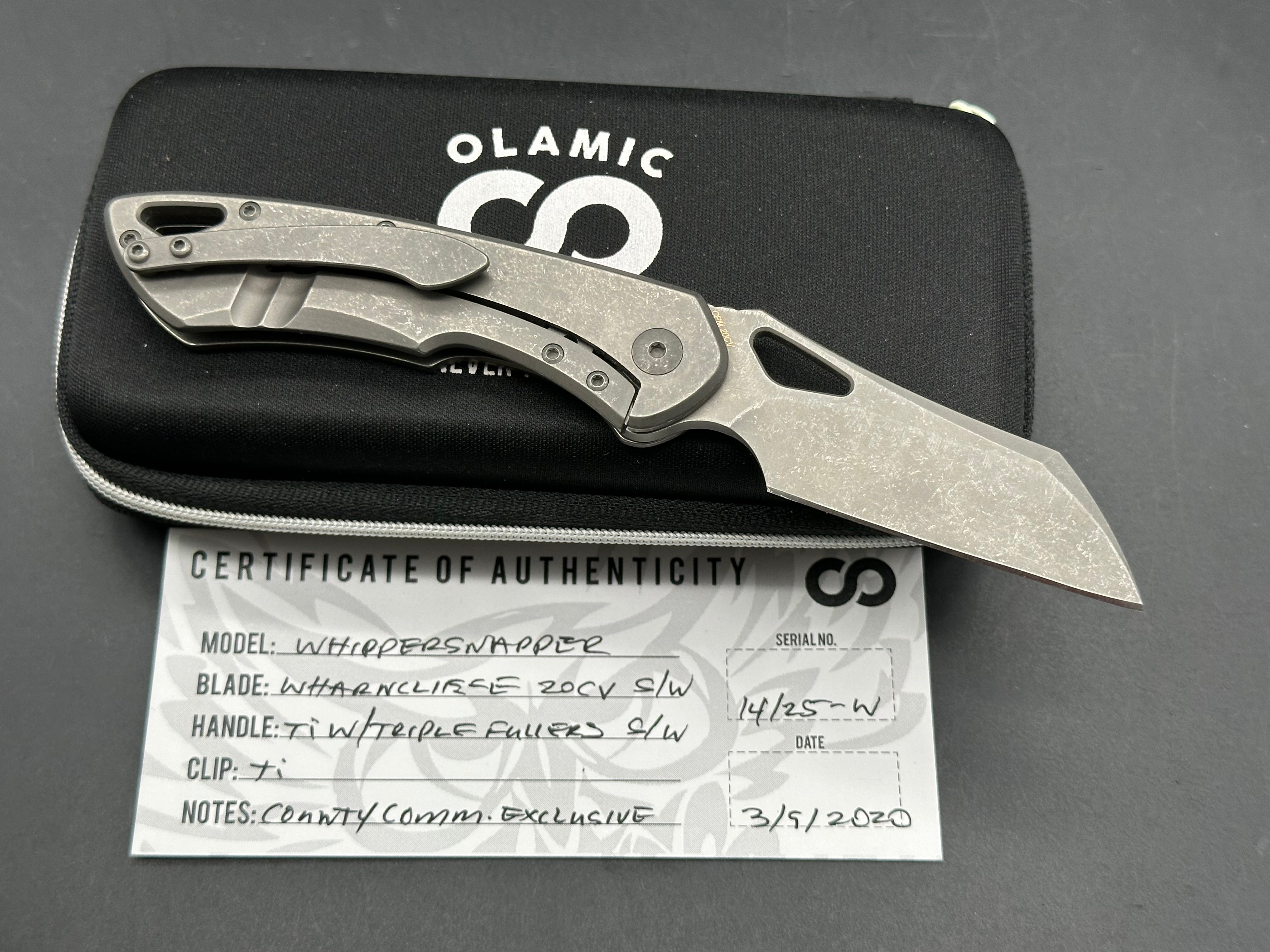 Olamic WhipperSnapper Wharncliffe (County Comm Exclusive #14/25), Stonewashed CPM-20CV Blade