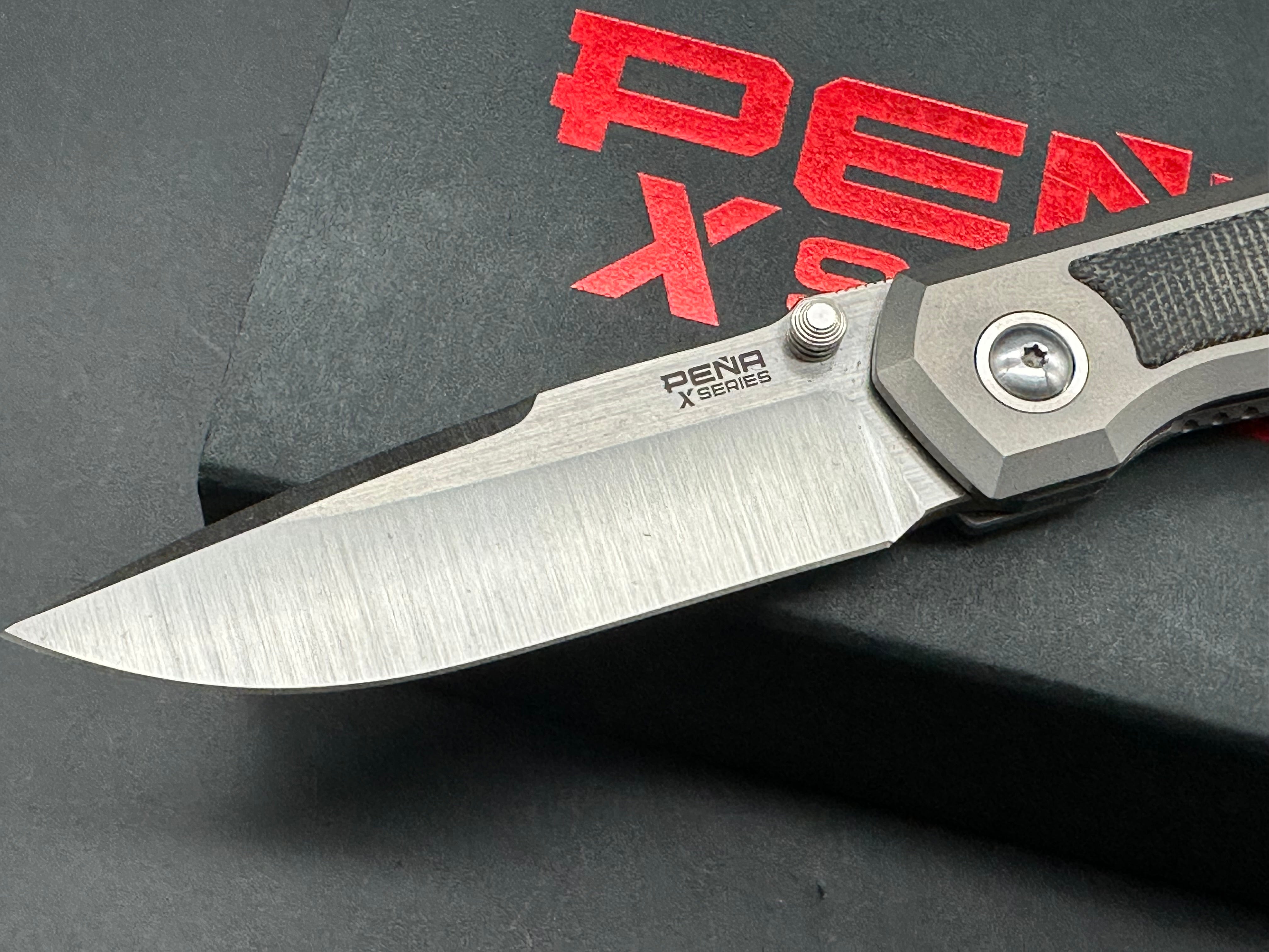 Pena X-Series Mula Drop Point, Belt Satin M390 Blade, Titanium Handles with Black Micarta Inlays