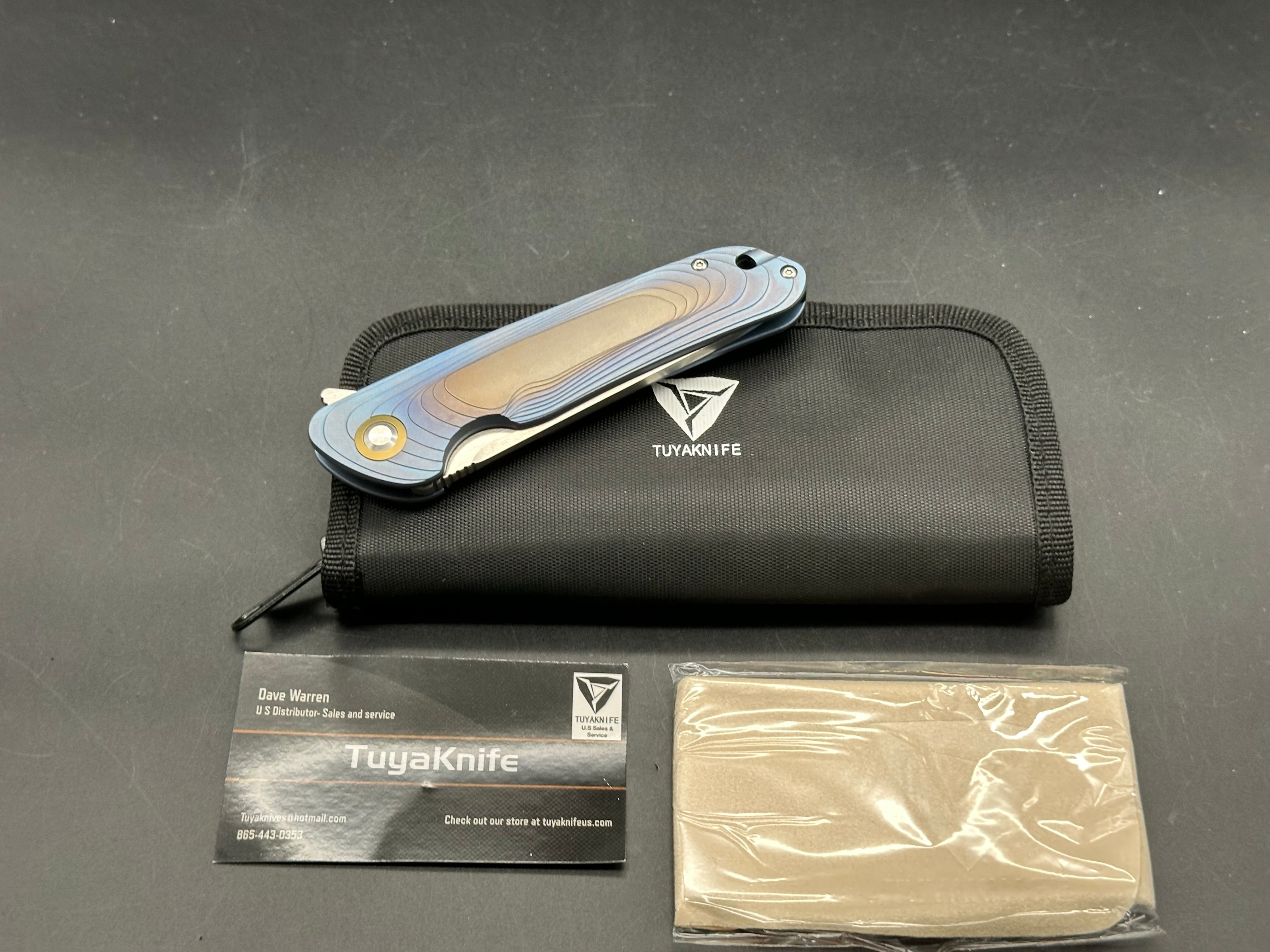Tuya Argon (#071/100 First Production Run), Stonewashed CPM-S35VN Blade Blue/Bronze Anodized and Stepped Titanium Handles