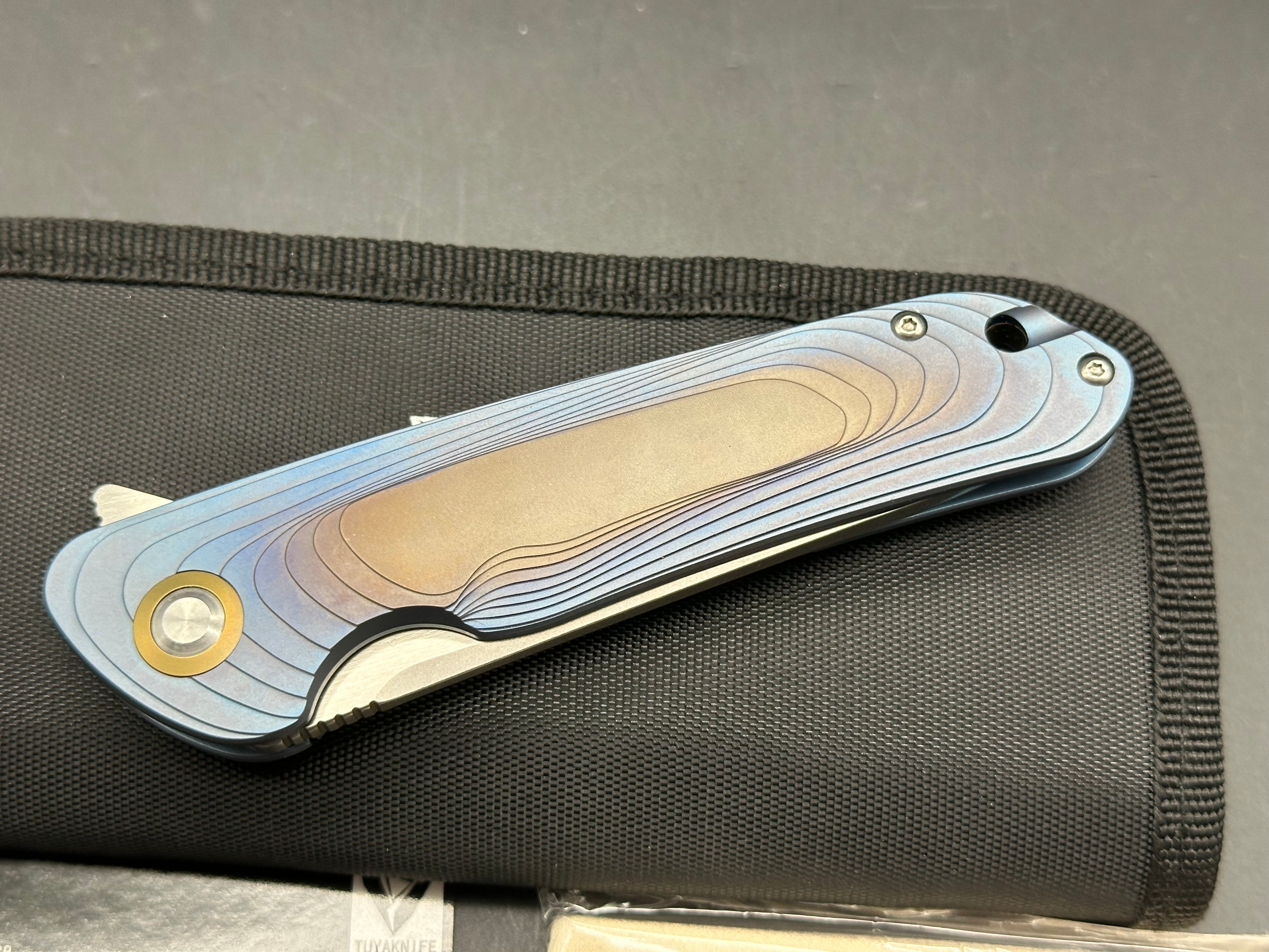 Tuya Argon (#071/100 First Production Run), Stonewashed CPM-S35VN Blade Blue/Bronze Anodized and Stepped Titanium Handles