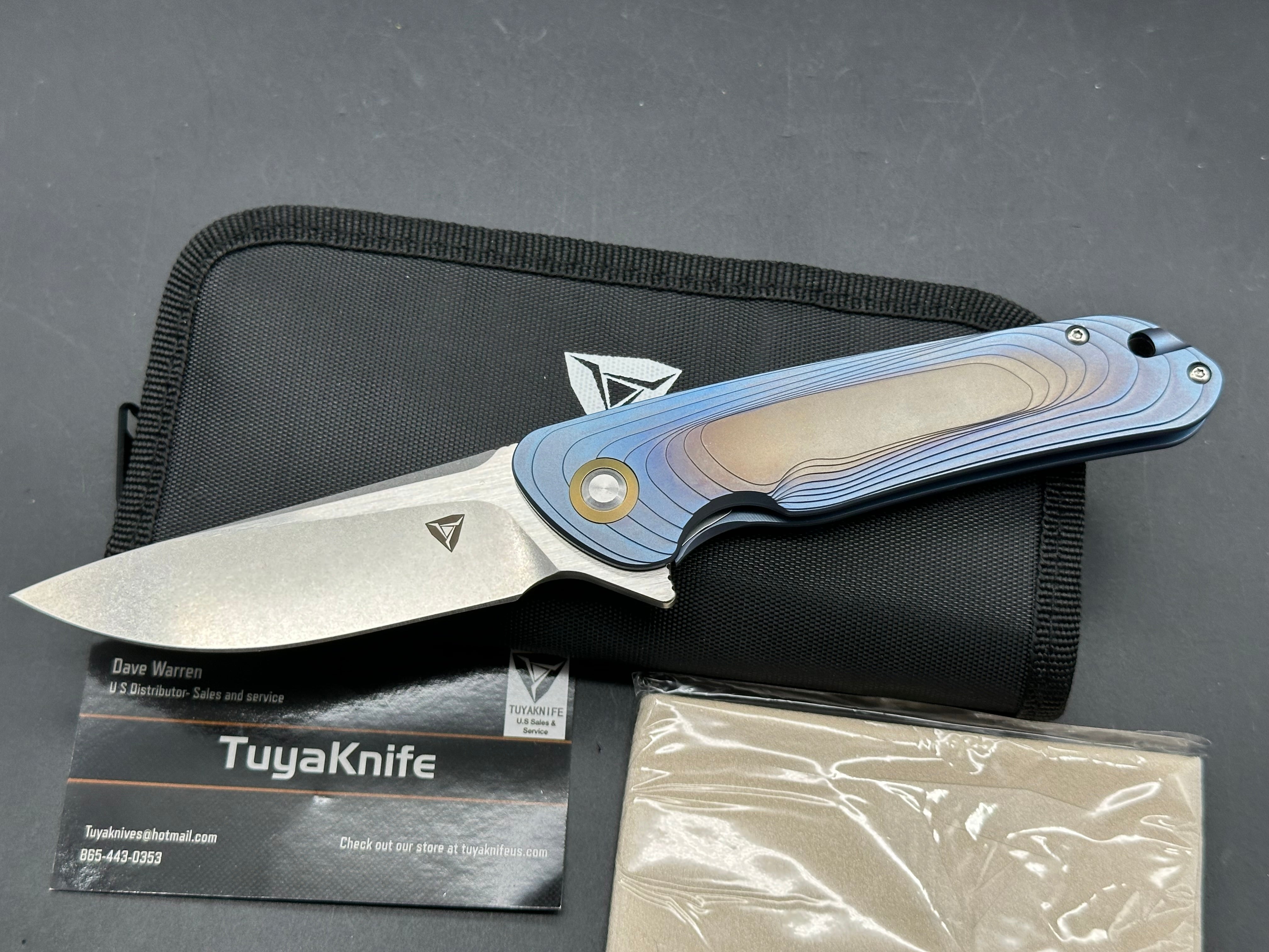 Tuya Argon (#071/100 First Production Run), Stonewashed CPM-S35VN Blade Blue/Bronze Anodized and Stepped Titanium Handles