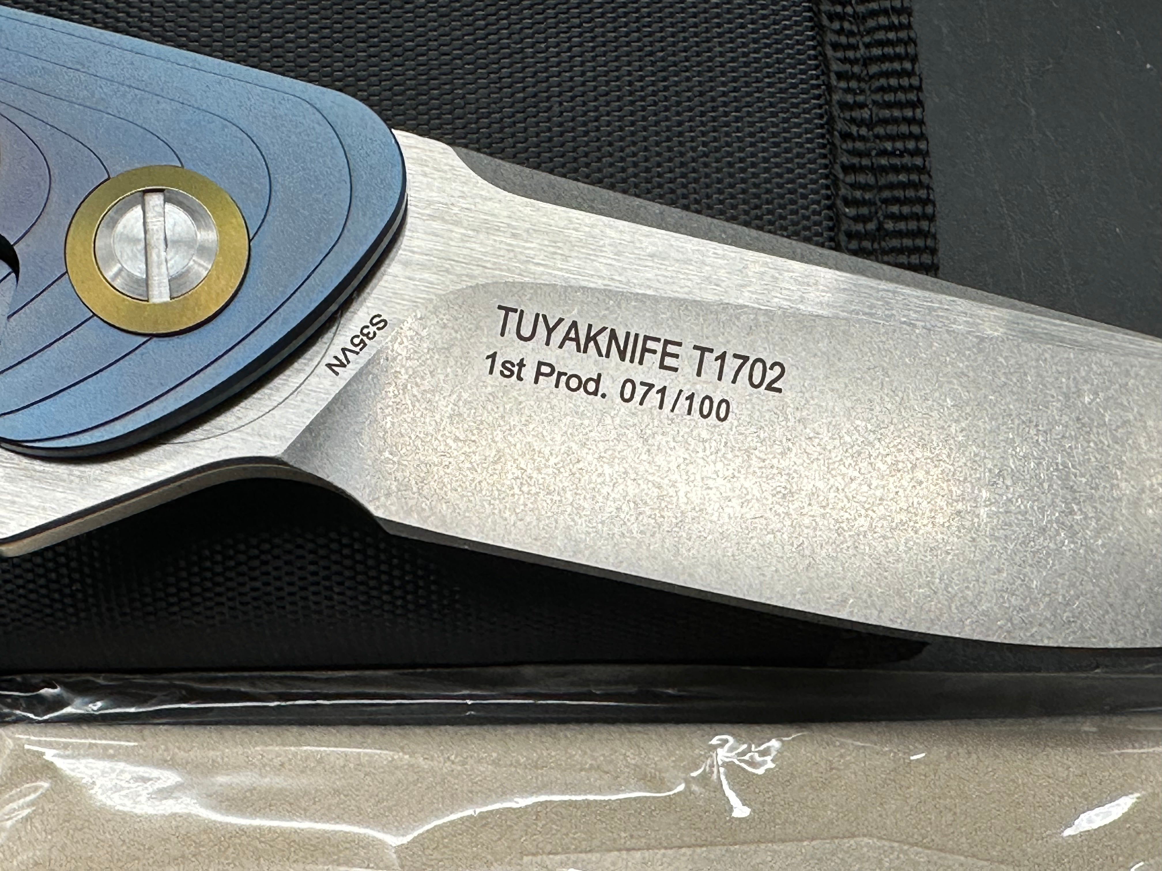 Tuya Argon (#071/100 First Production Run), Stonewashed CPM-S35VN Blade Blue/Bronze Anodized and Stepped Titanium Handles