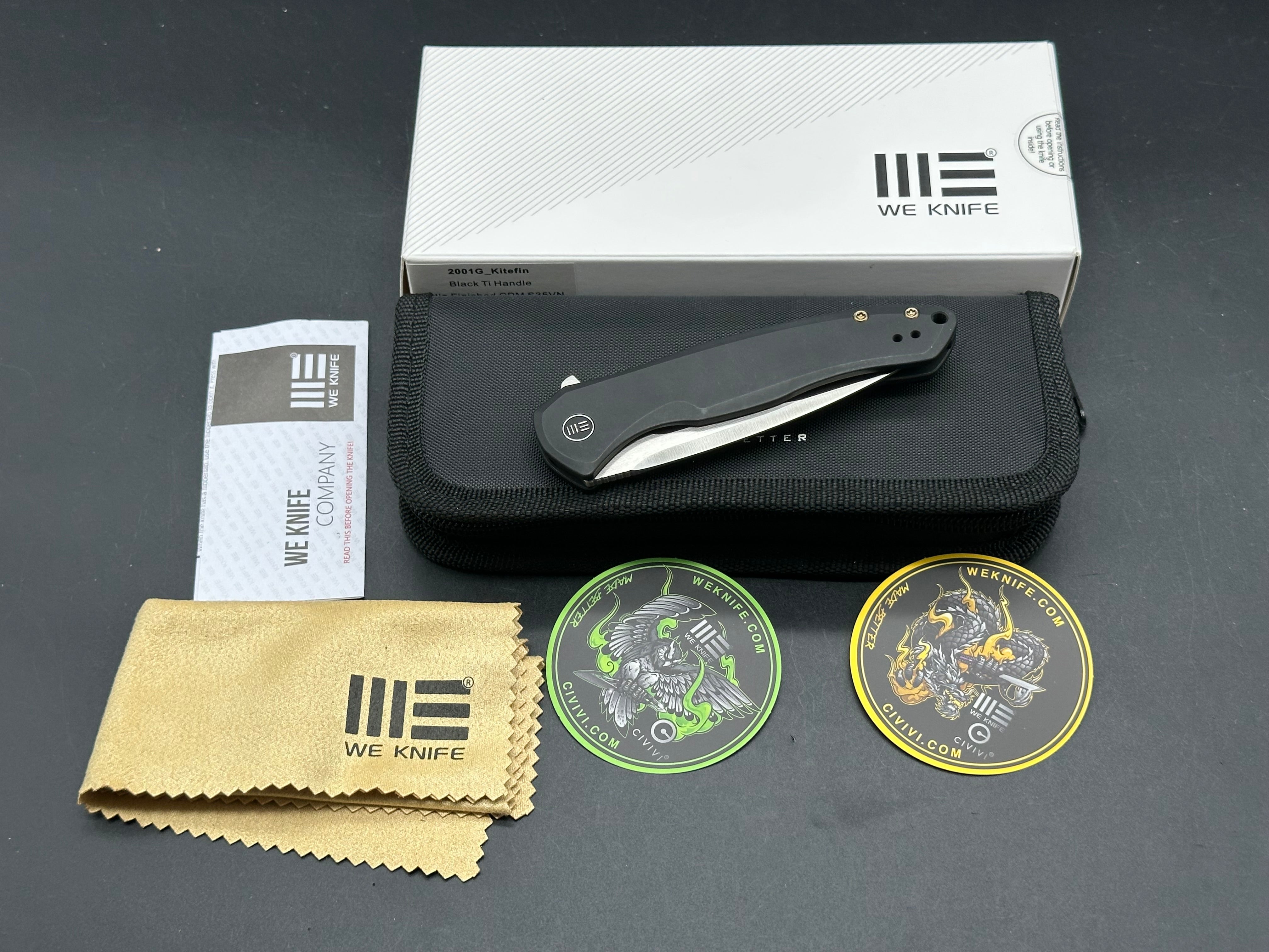 WE Knife Co. Kitefin, Satin CPM-S35VN Blade, Black Titanium Handles