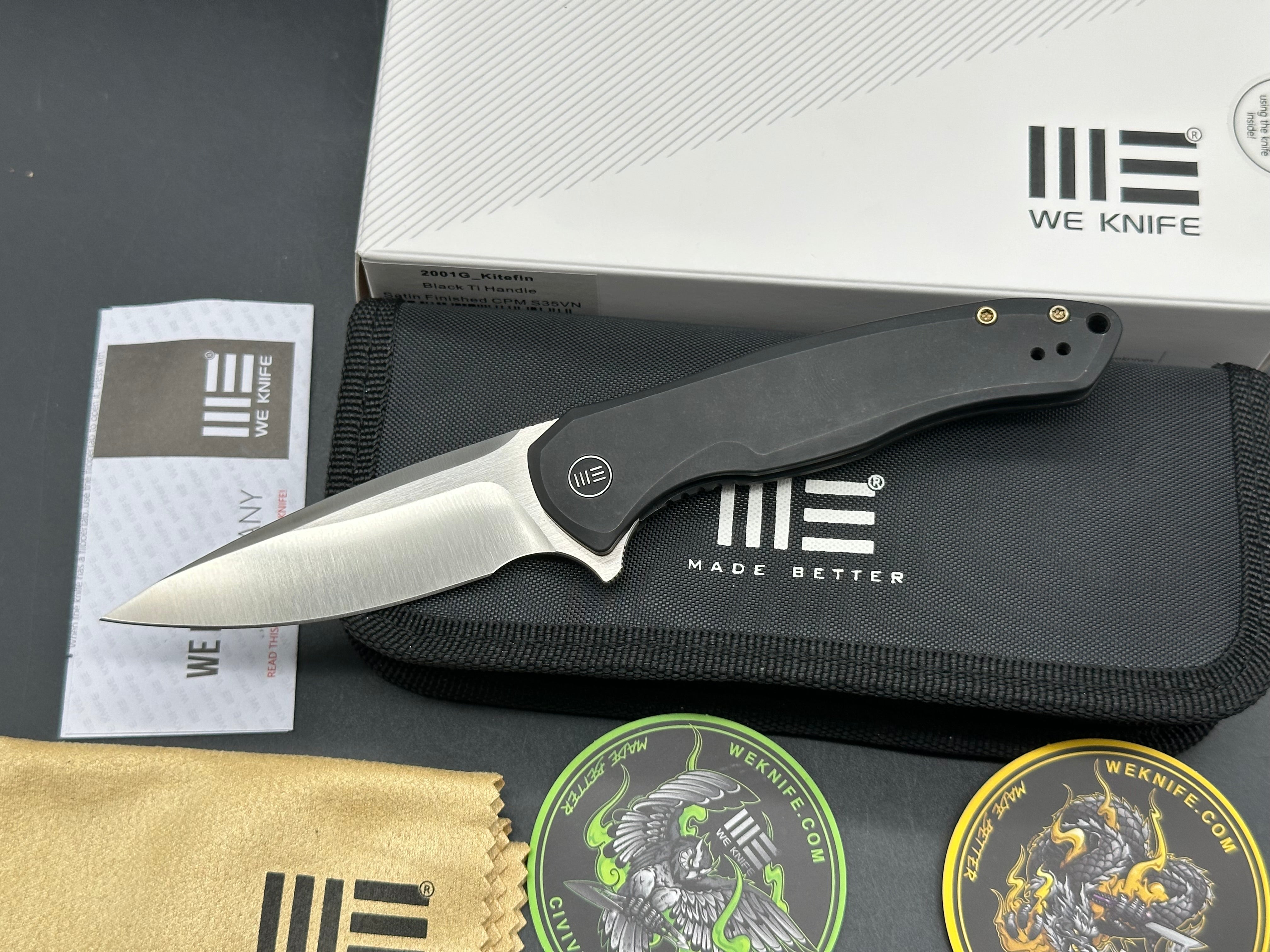WE Knife Co. Kitefin, Satin CPM-S35VN Blade, Black Titanium Handles