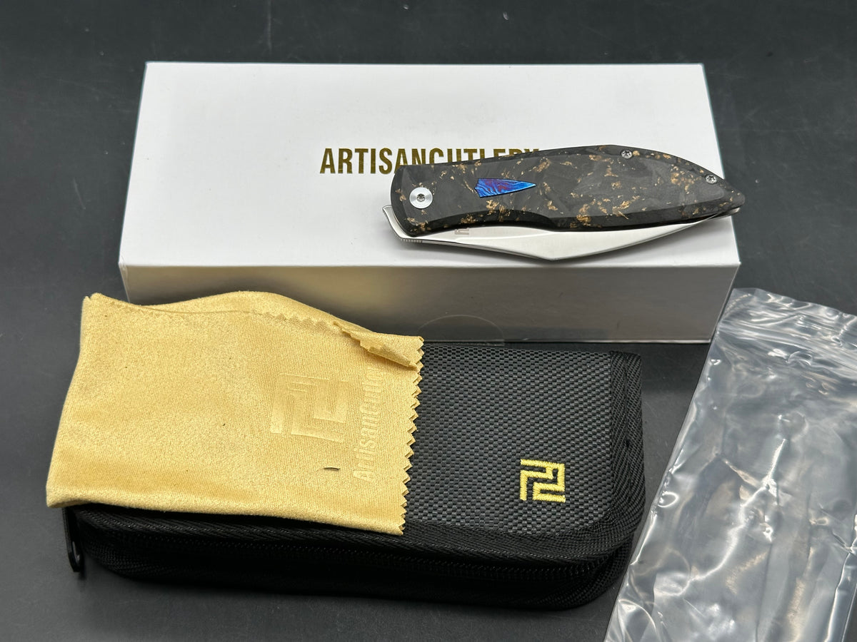 Artisan Cutlery Weyden Folding Knife Gold Flake Carbon Fiber/Titanium Handle S90V Drop Point Plain Edge