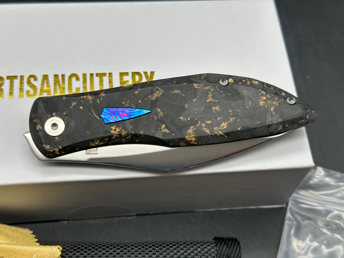 Artisan Cutlery Weyden Folding Knife Gold Flake Carbon Fiber/Titanium Handle S90V Drop Point Plain Edge