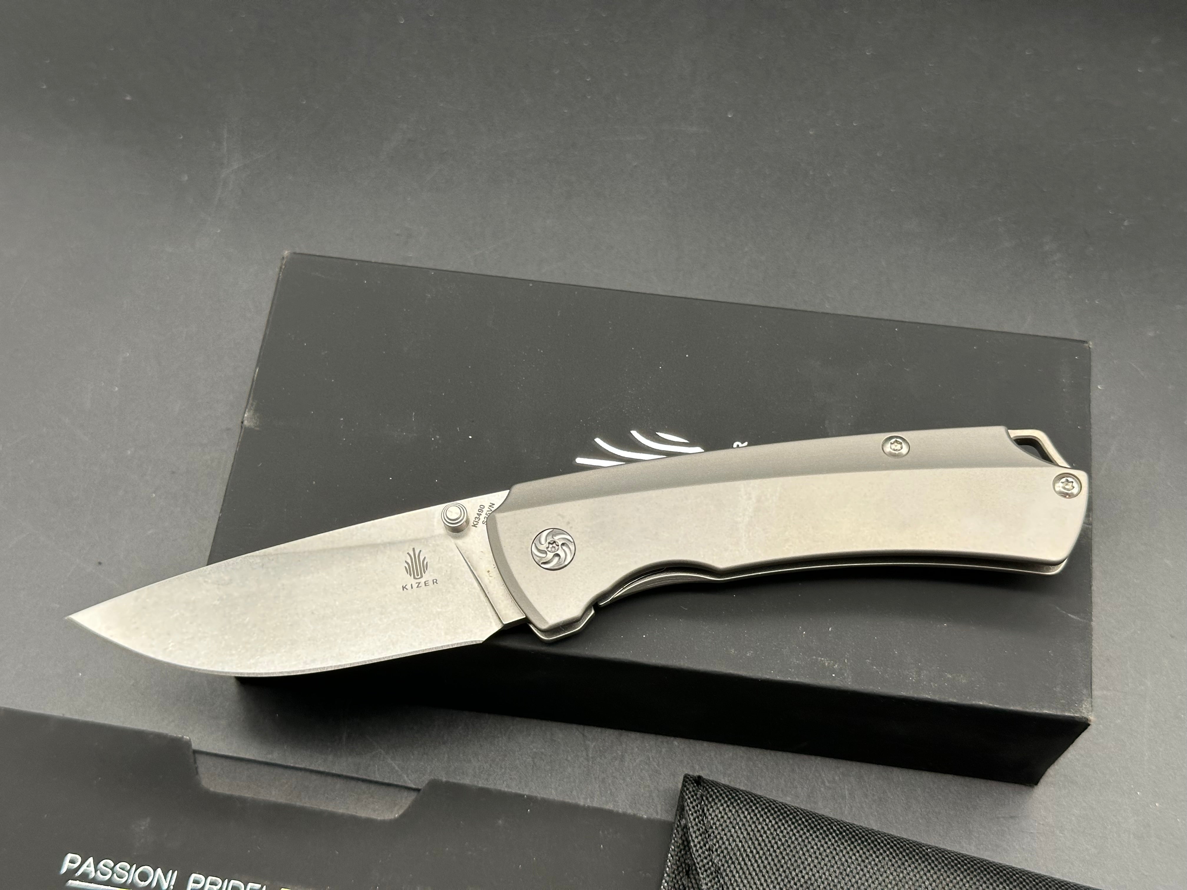 Kizer T1, Stonewashed CPM-S35VN Blade, Titanium Handles, Backspacer and Pocket Clip