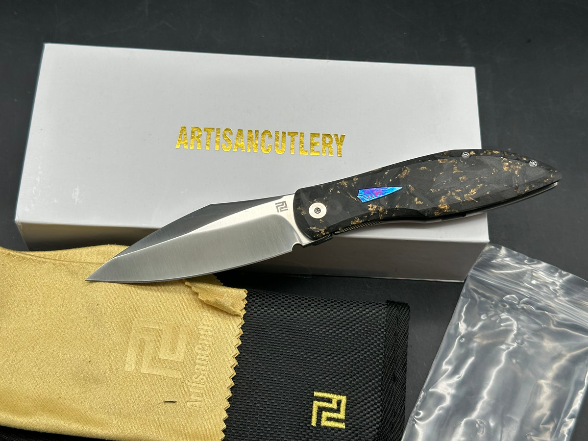 Artisan Cutlery Weyden Folding Knife Gold Flake Carbon Fiber/Titanium Handle S90V Drop Point Plain Edge