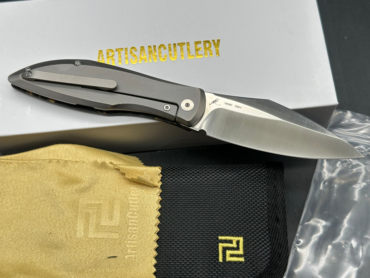 Artisan Cutlery Weyden Folding Knife Gold Flake Carbon Fiber/Titanium Handle S90V Drop Point Plain Edge