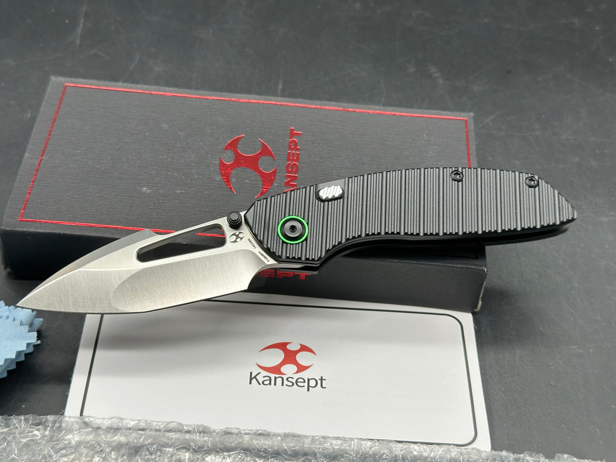 Kansept Link Folding Knife Black Aluminum Handle 3.0" Satin 14C28N Plain Edge