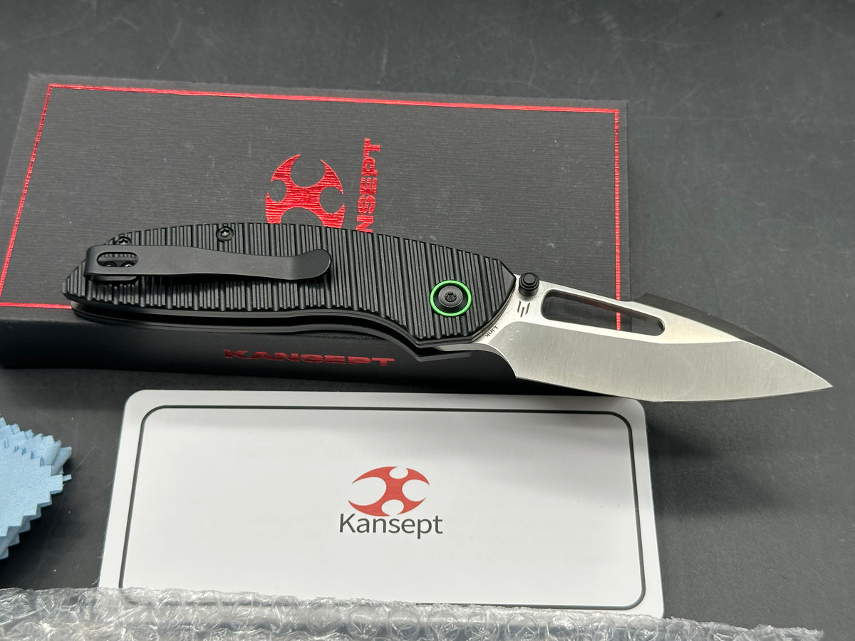 Kansept Link Folding Knife Black Aluminum Handle 3.0" Satin 14C28N Plain Edge