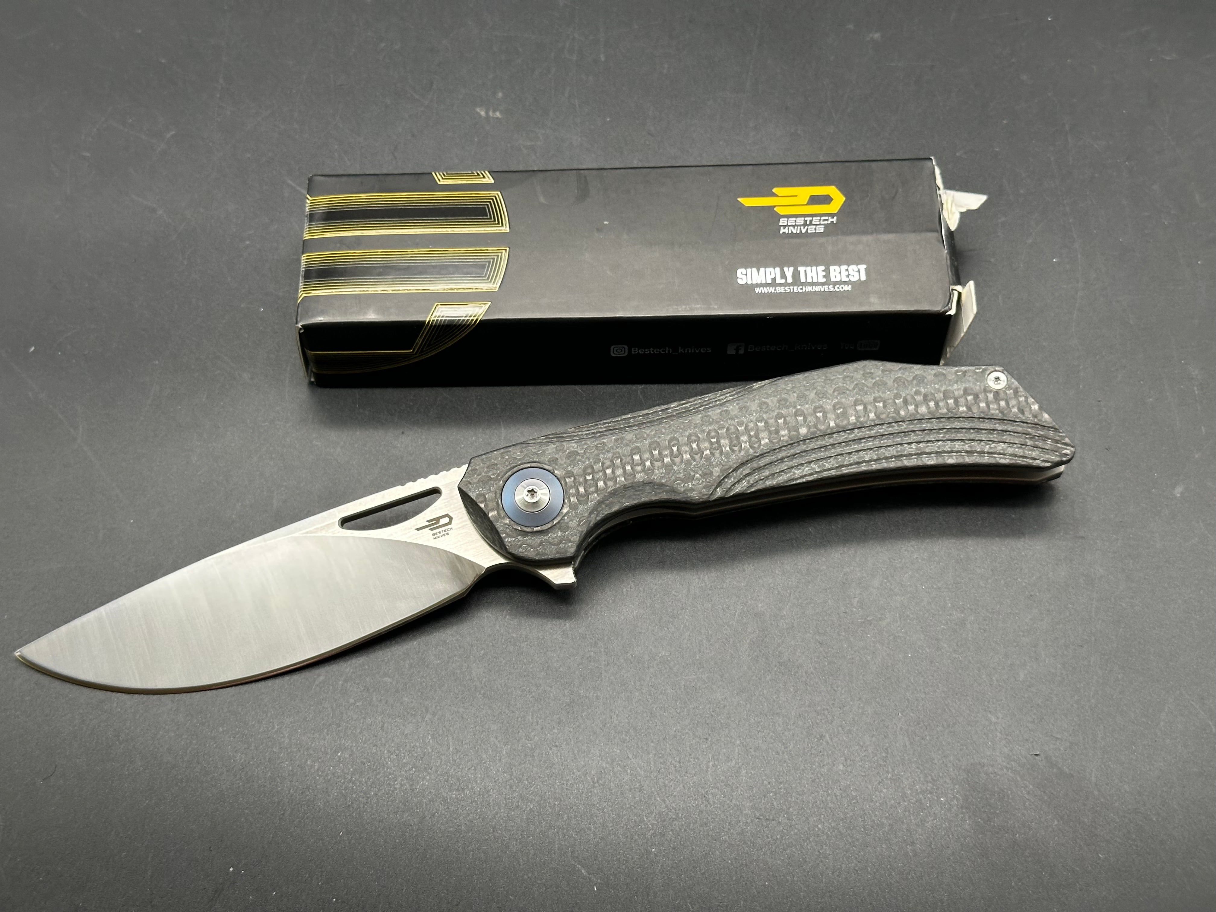 Bestech Knives Falko Liner Lock Knife Black G-10/CF (3.8" Satin 154CM)