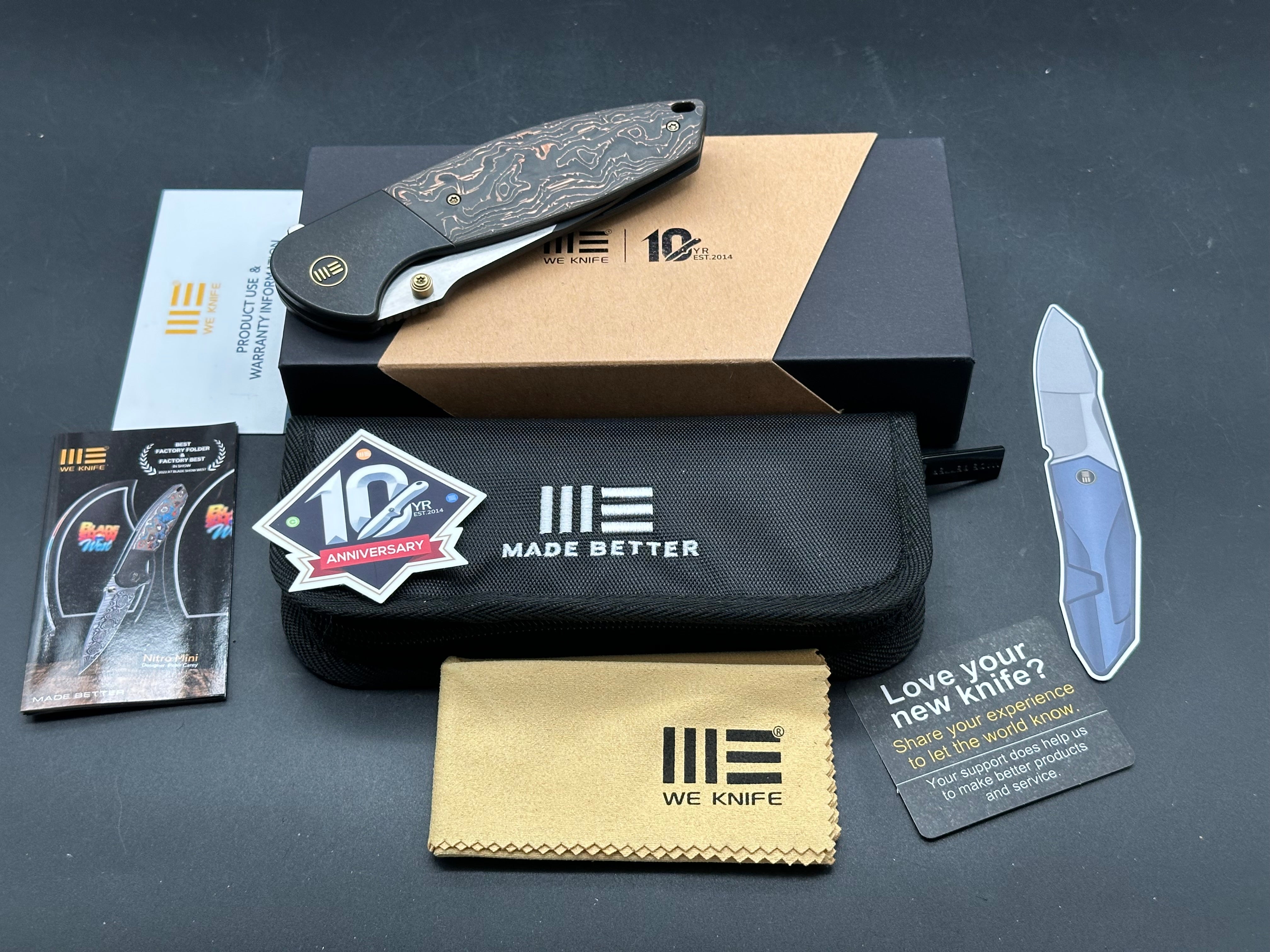 WE NITRO OG FOLDING KNIFE BLACK/COPPER TITANIUM COPPER FOIL/CARBON FIBER HANDLE 20CV DROP POINT