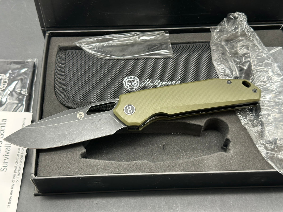 Holtzman's Gorilla Survival Folding Pocket Knife for Men with D2 Steel Blade and G10 Handle -(Black Stonewashed + OD Green)