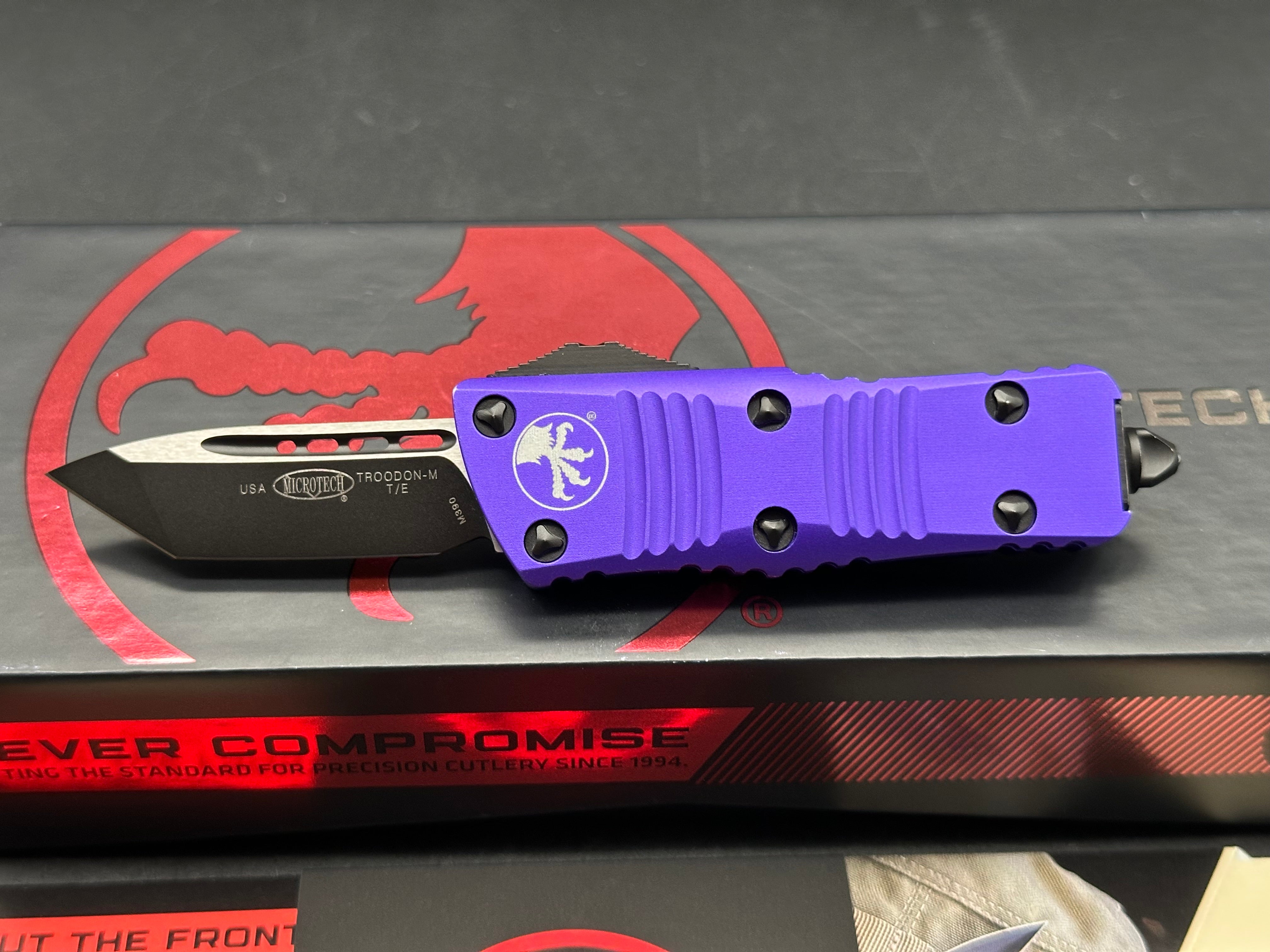 Microtech Troodon Mini T/E CA Legal OTF Auto Knife Purple (1.9" Black)