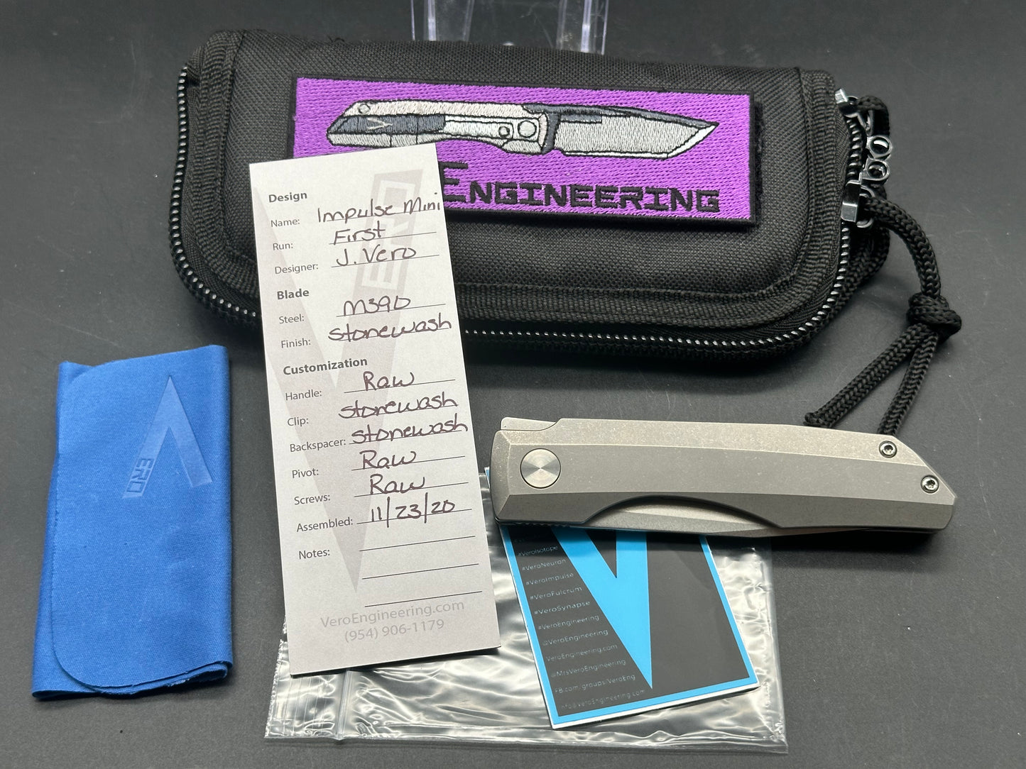 Vero Impulse Mini (1st Run) - #211, Stonewashed M390 Blade, Stonewashed Ti Scales/Backspacer/Clip w/Satin Hardware