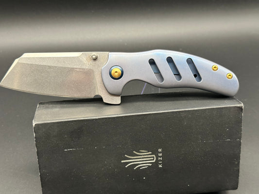 Kizer Sheepdog C01C Frame Lock Thumb Hole Knife Blue Titanium (3.25" Stonewash)