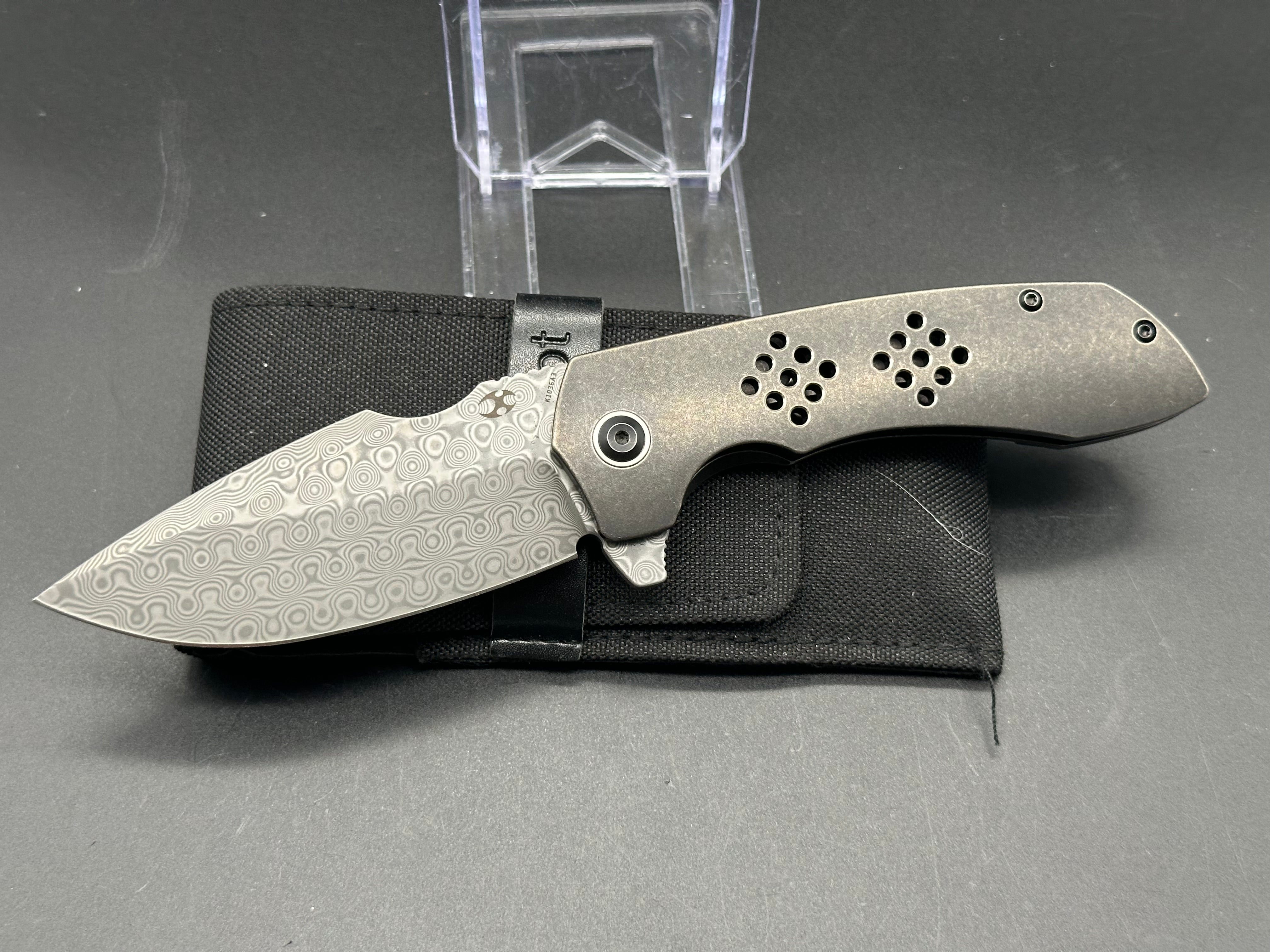 Kansept Entity Frame Lock Knife Stonewashed Titanium (3.5" Damascus)