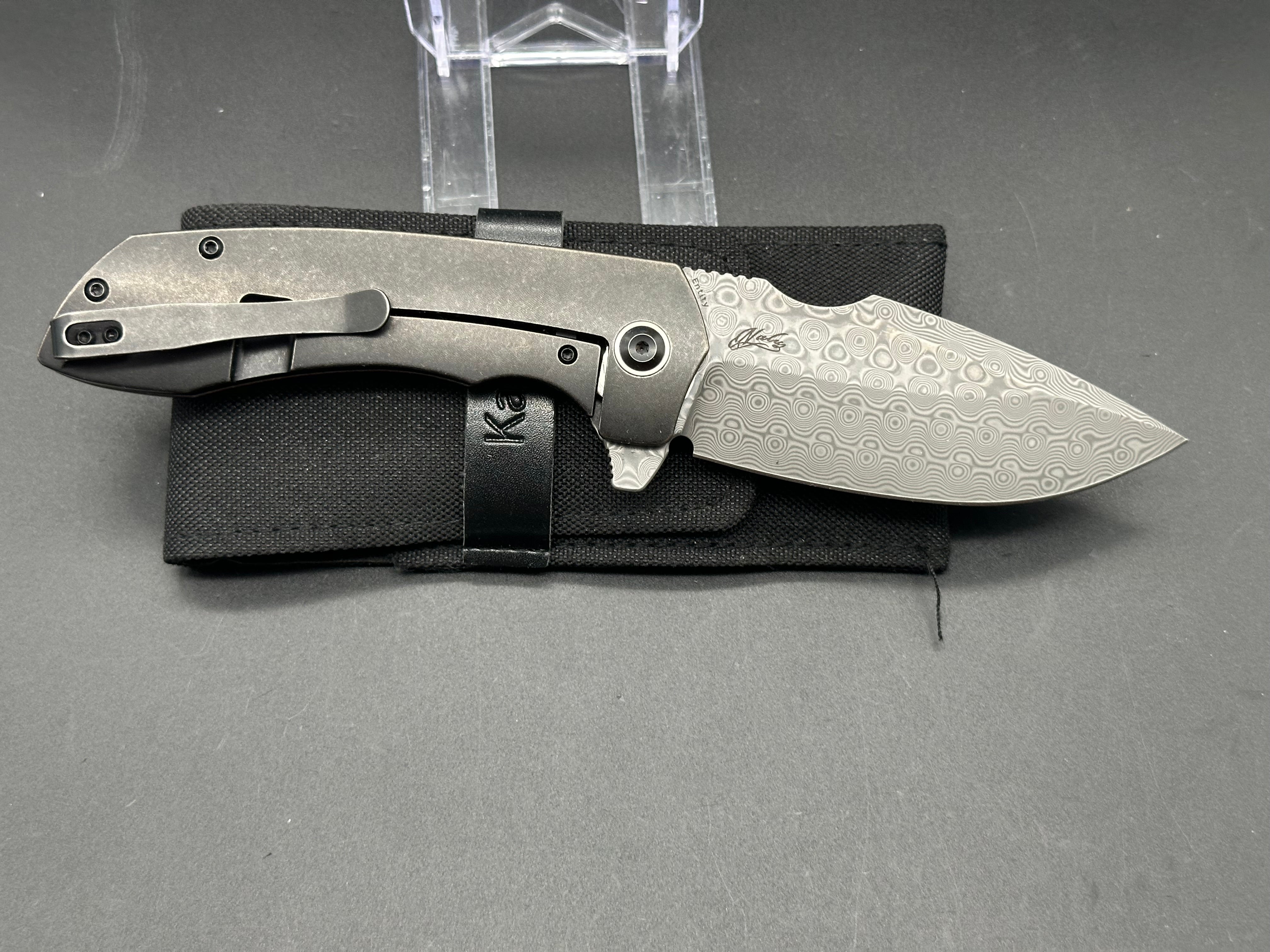 Kansept Entity Frame Lock Knife Stonewashed Titanium (3.5" Damascus)