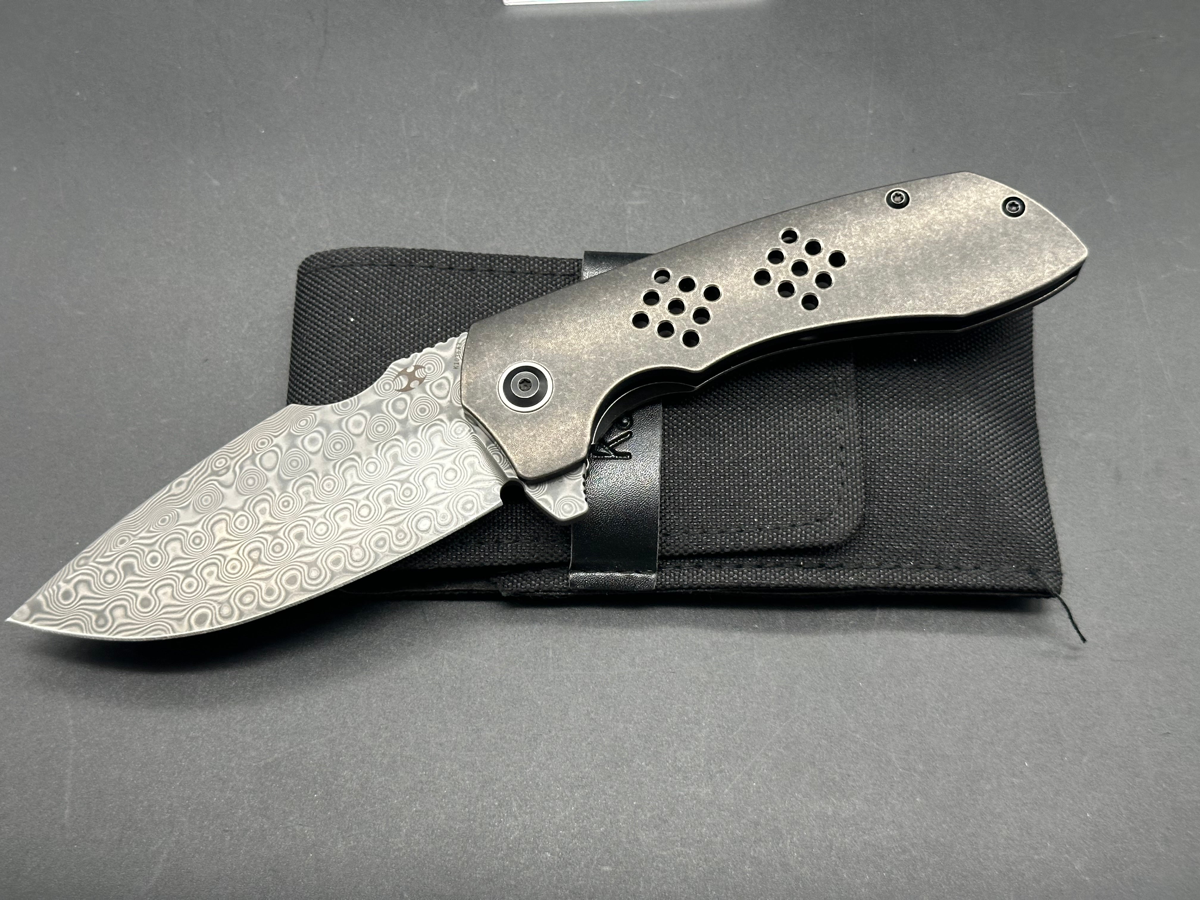 Kansept Entity Frame Lock Knife Stonewashed Titanium (3.5" Damascus)