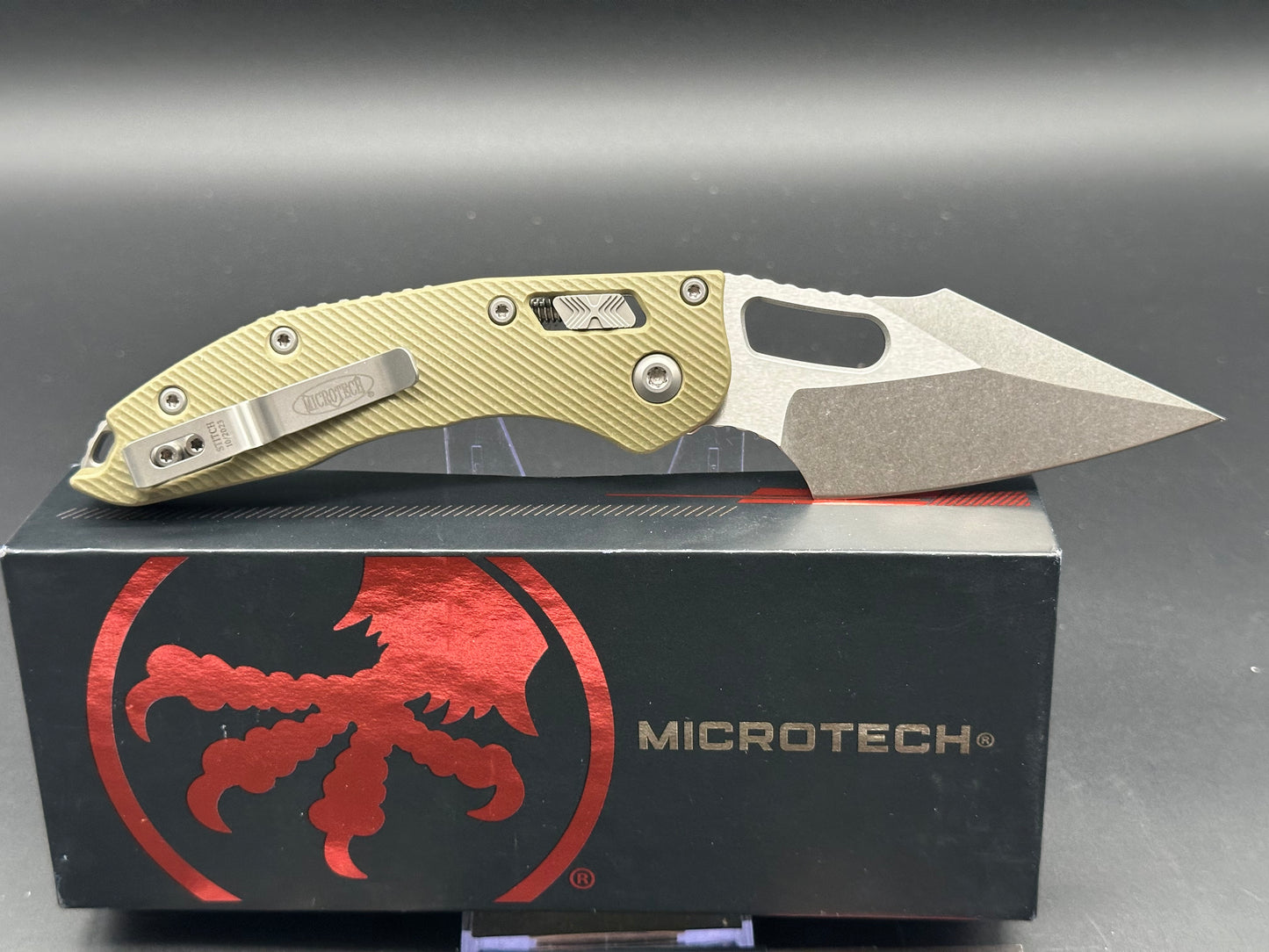 Microtech Stitch RAM-LOK 3.75” M390MK Stonewash Blade with a Fluted G10 handle in OD Green