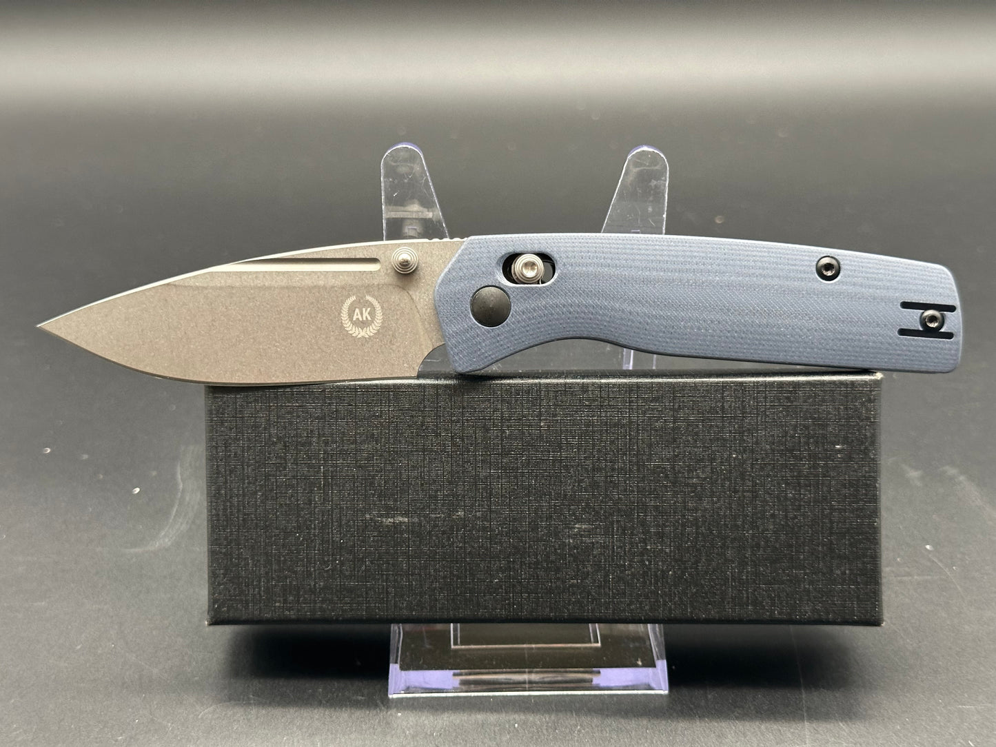 Asher Knives Co. Spiro Crossbar Lock 3.2” S35VN Stonewash Blade with G10 Steel Blue handle