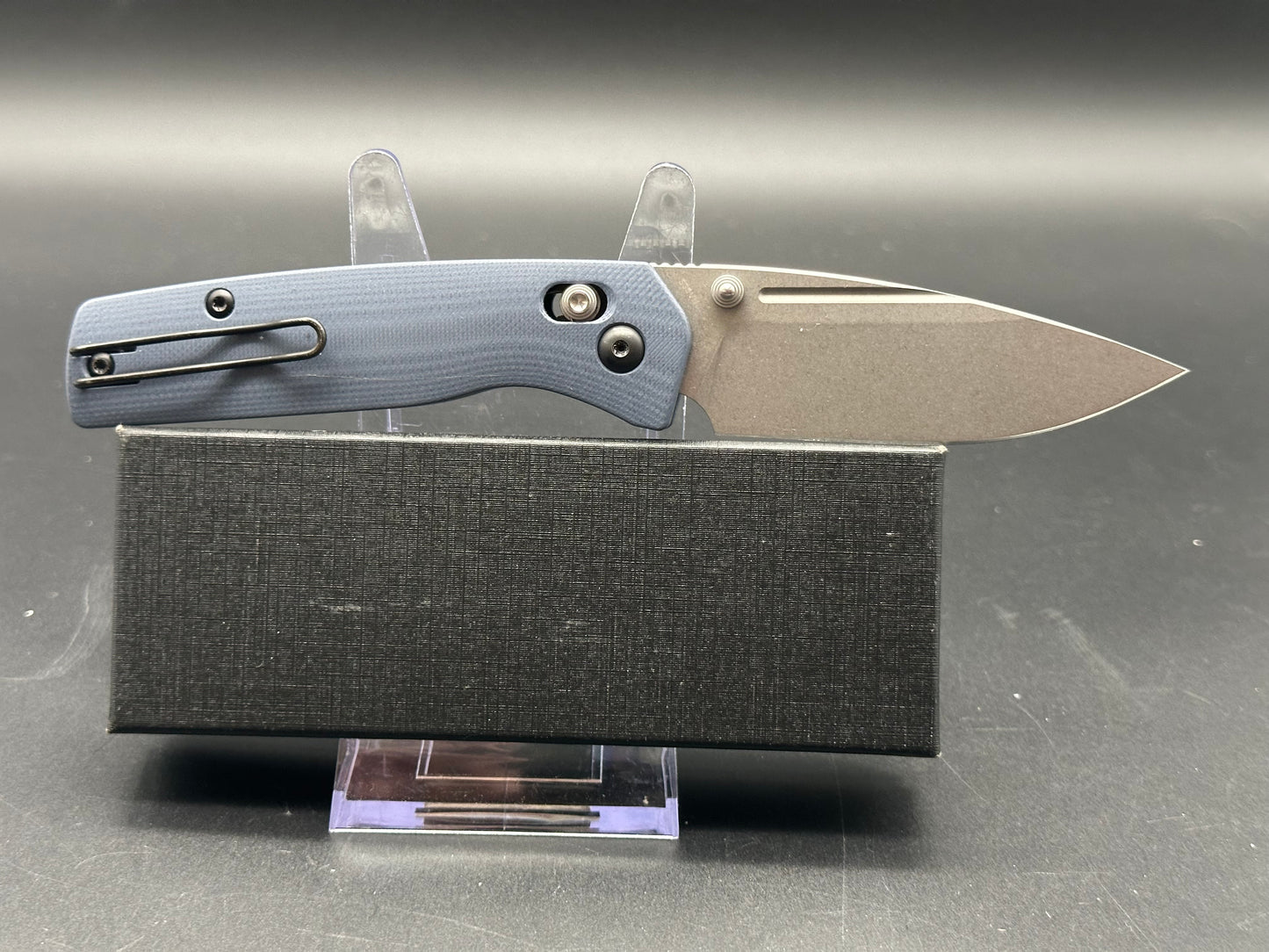 Asher Knives Co. Spiro Crossbar Lock 3.2” S35VN Stonewash Blade with G10 Steel Blue handle