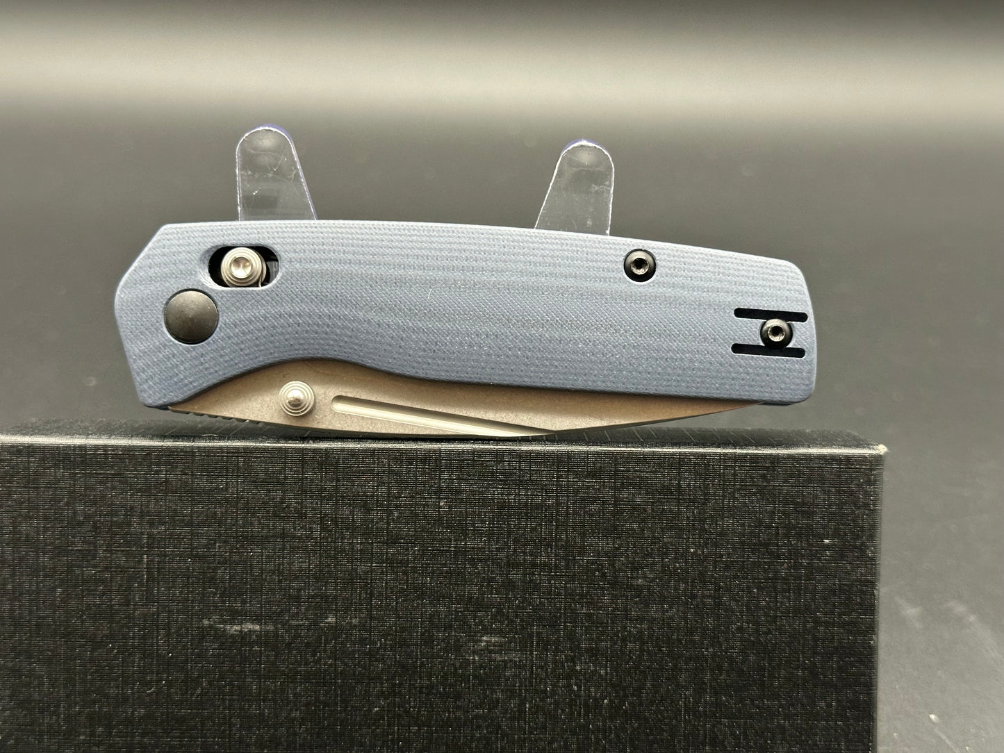 Asher Knives Co. Spiro Crossbar Lock 3.2” S35VN Stonewash Blade with G10 Steel Blue handle