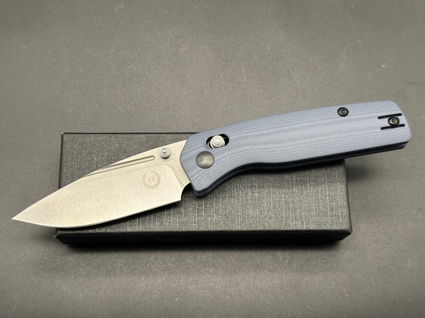 Asher Knives Co. Spiro Crossbar Lock 3.2” S35VN Stonewash Blade with G10 Steel Blue handle