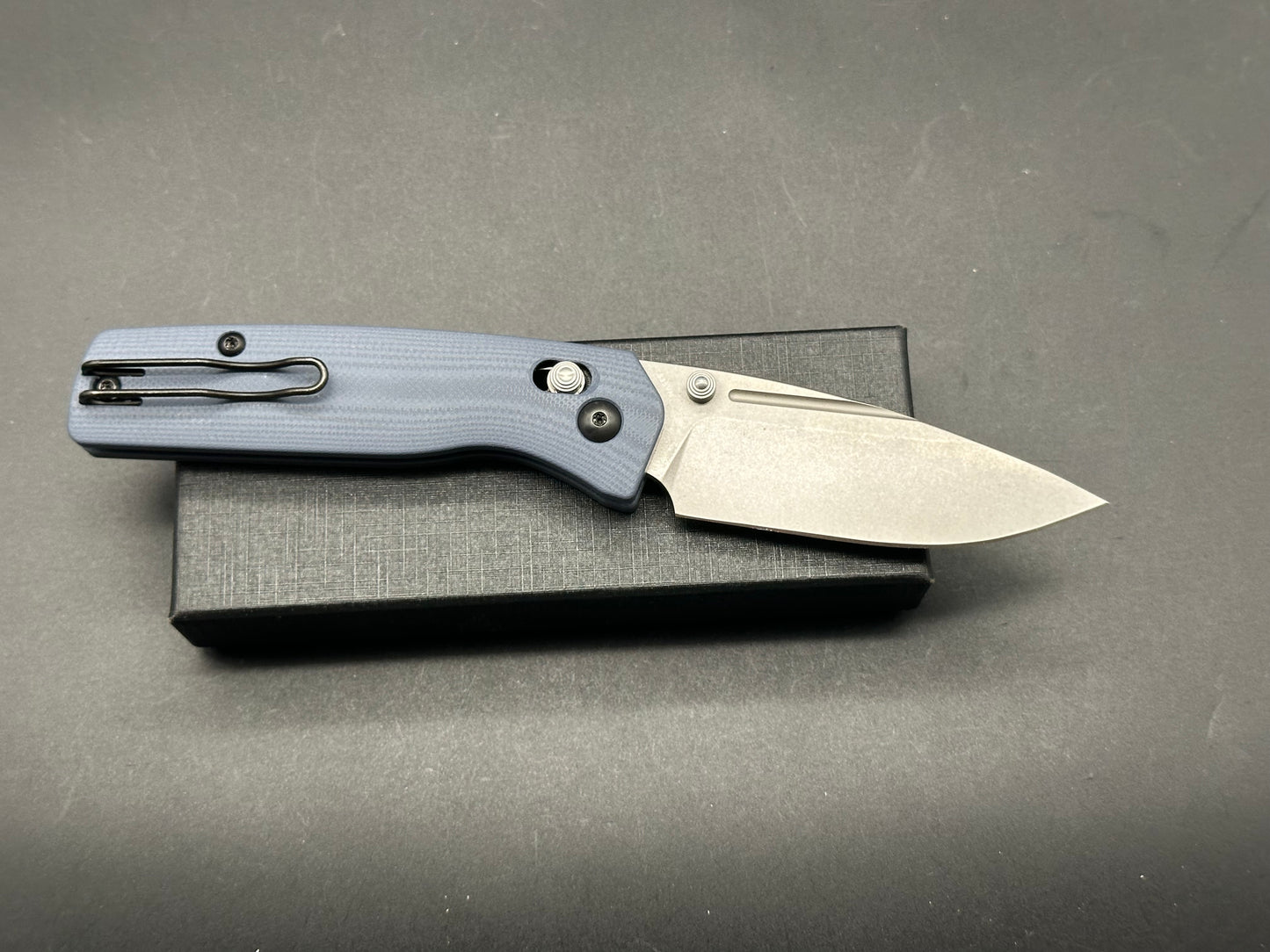 Asher Knives Co. Spiro Crossbar Lock 3.2” S35VN Stonewash Blade with G10 Steel Blue handle