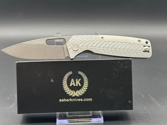 Asher Spiro Silver Spacer S90V Stonewash Blade with Silver Twill Carbon Fiber Handle