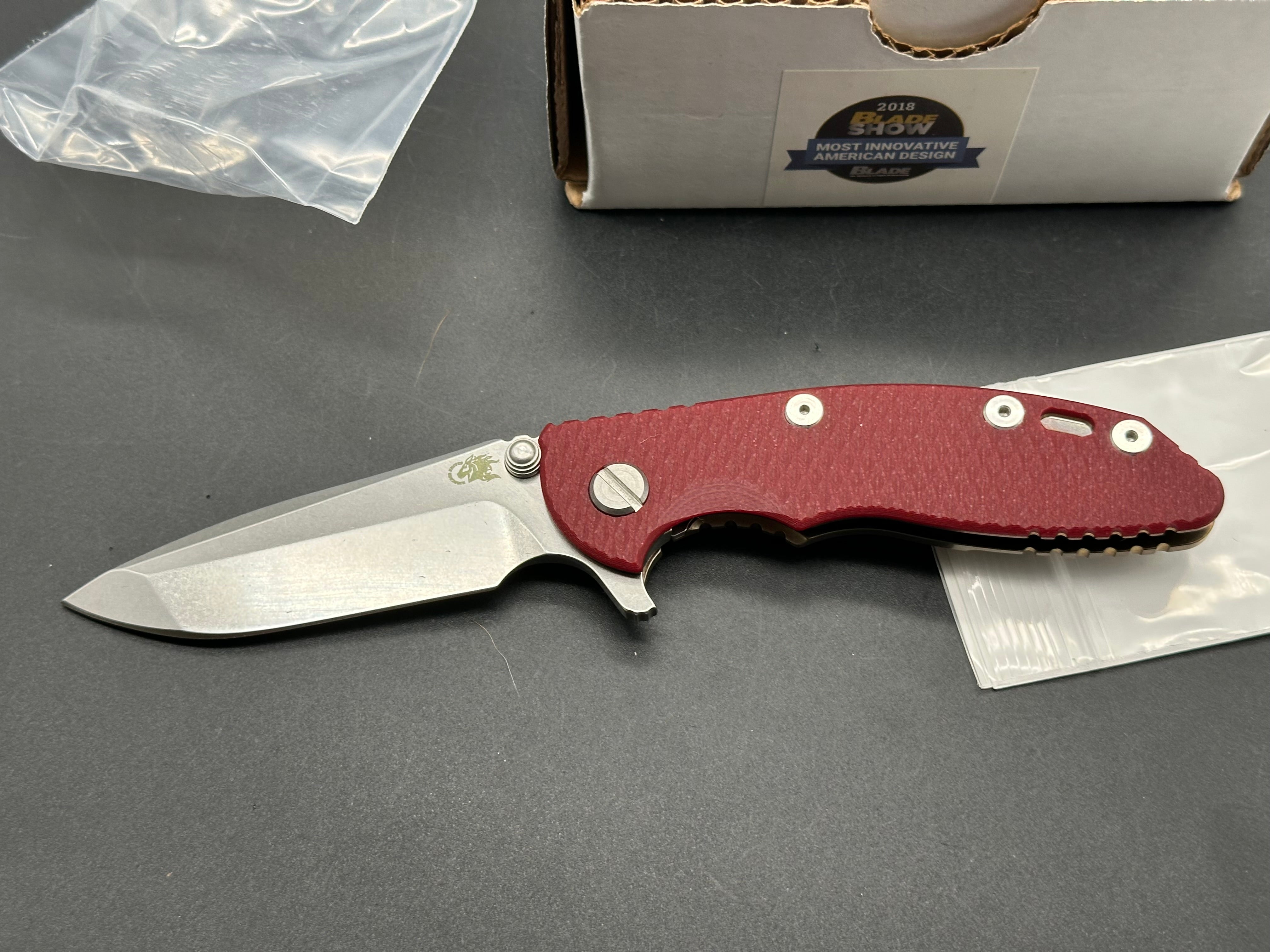 Hinderer XM-18 Tri-Way Flipper 3” Spanto 20CV Red G10 stonewash bronze frame