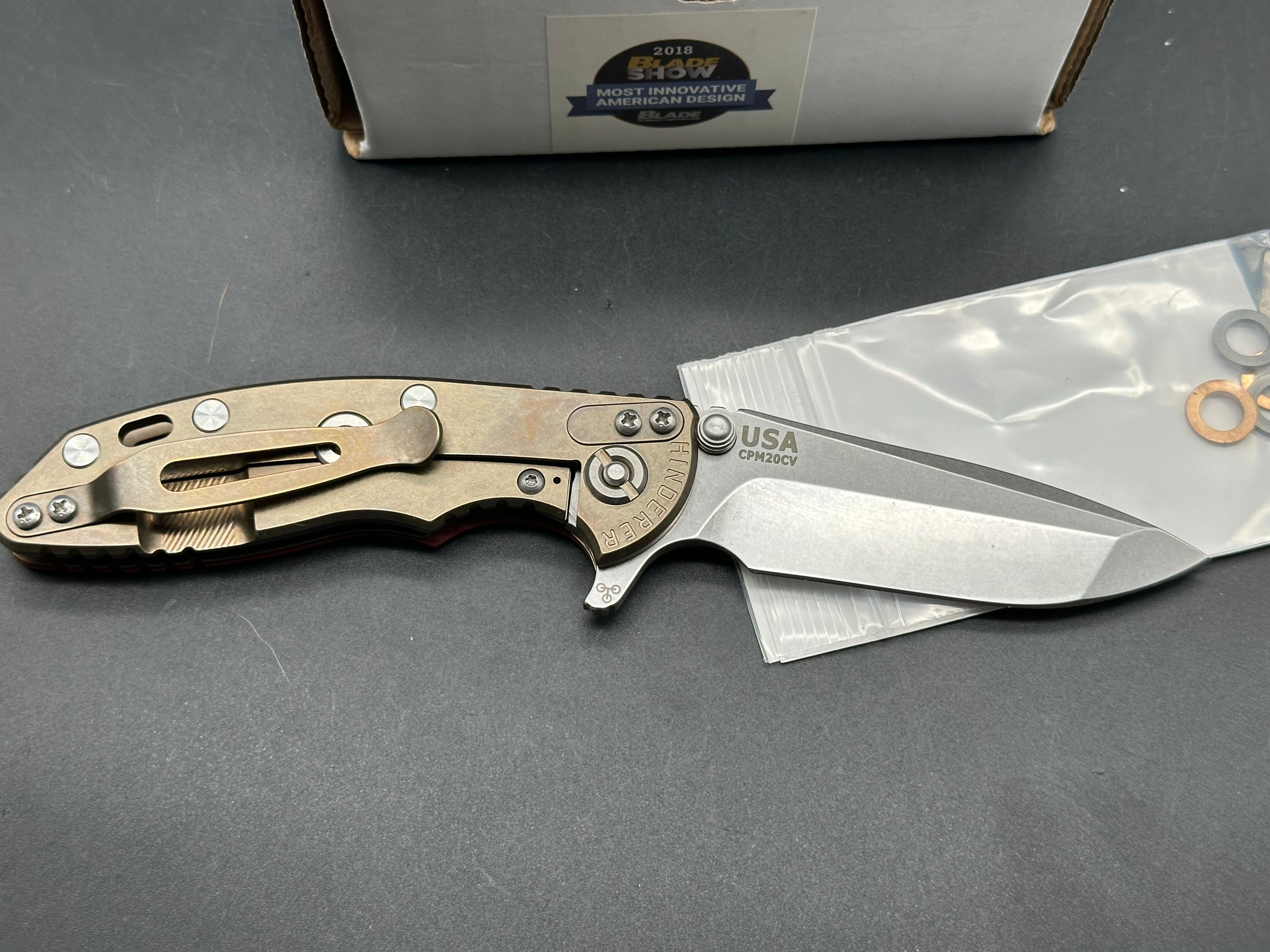 Hinderer XM-18 Tri-Way Flipper 3” Spanto 20CV Red G10 stonewash bronze frame