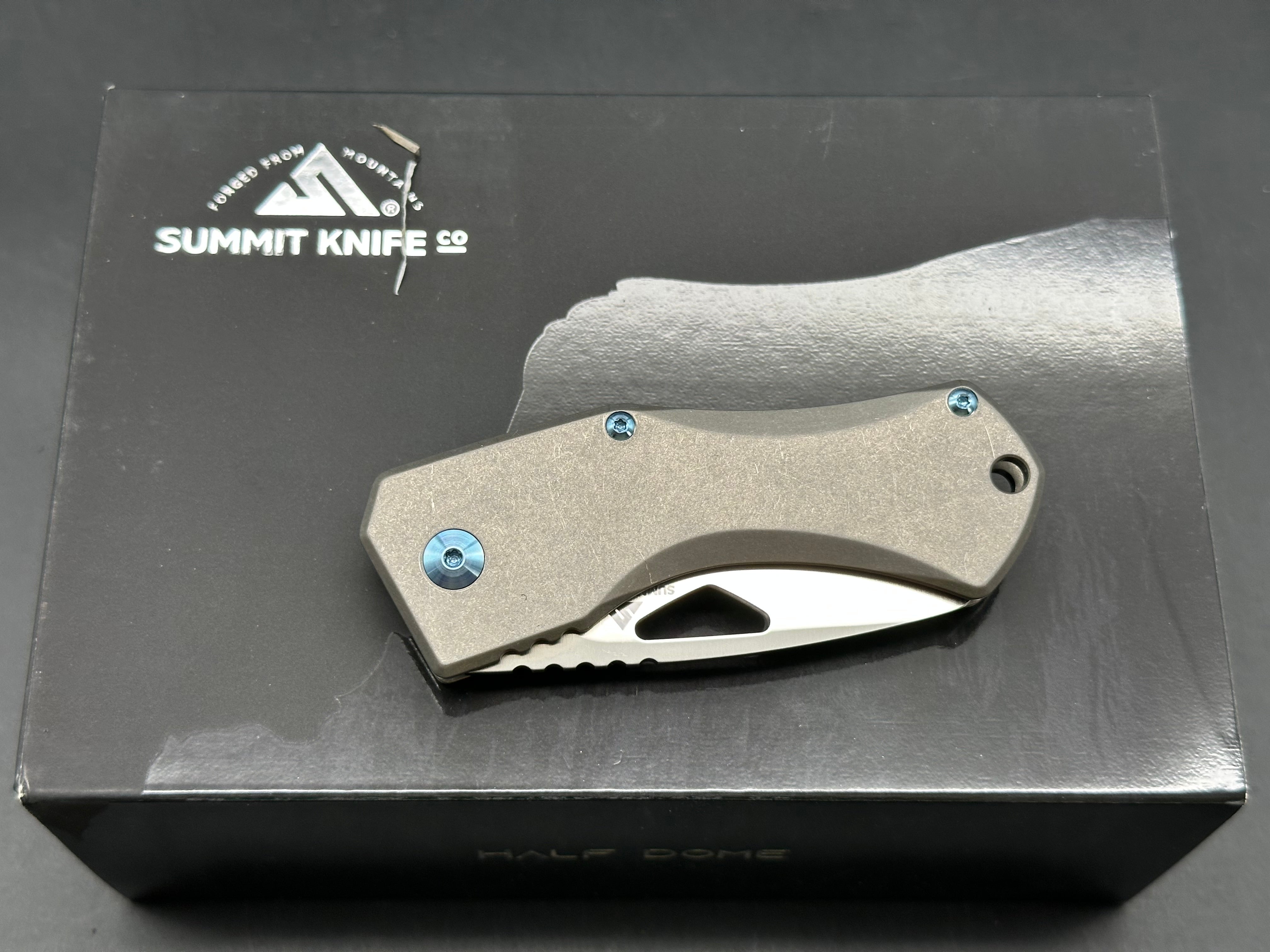 Summit Knife Co. Half Dome, Belt Satin M390 Blade, Stonewashed Ti Handles, Blue Anodized Ti Pocket Clip, Standoffs and Hardware