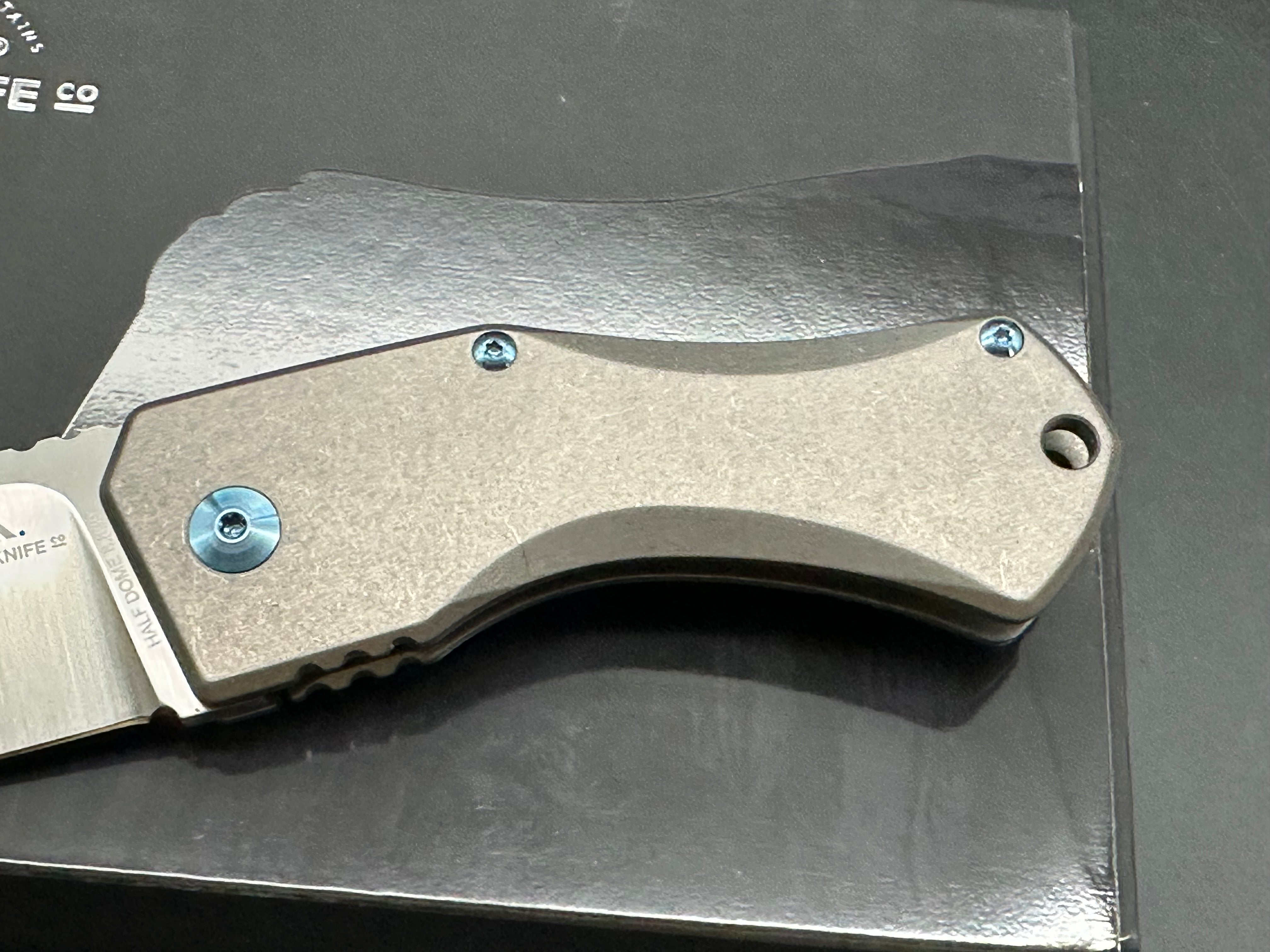 Summit Knife Co. Half Dome, Belt Satin M390 Blade, Stonewashed Ti Handles, Blue Anodized Ti Pocket Clip, Standoffs and Hardware