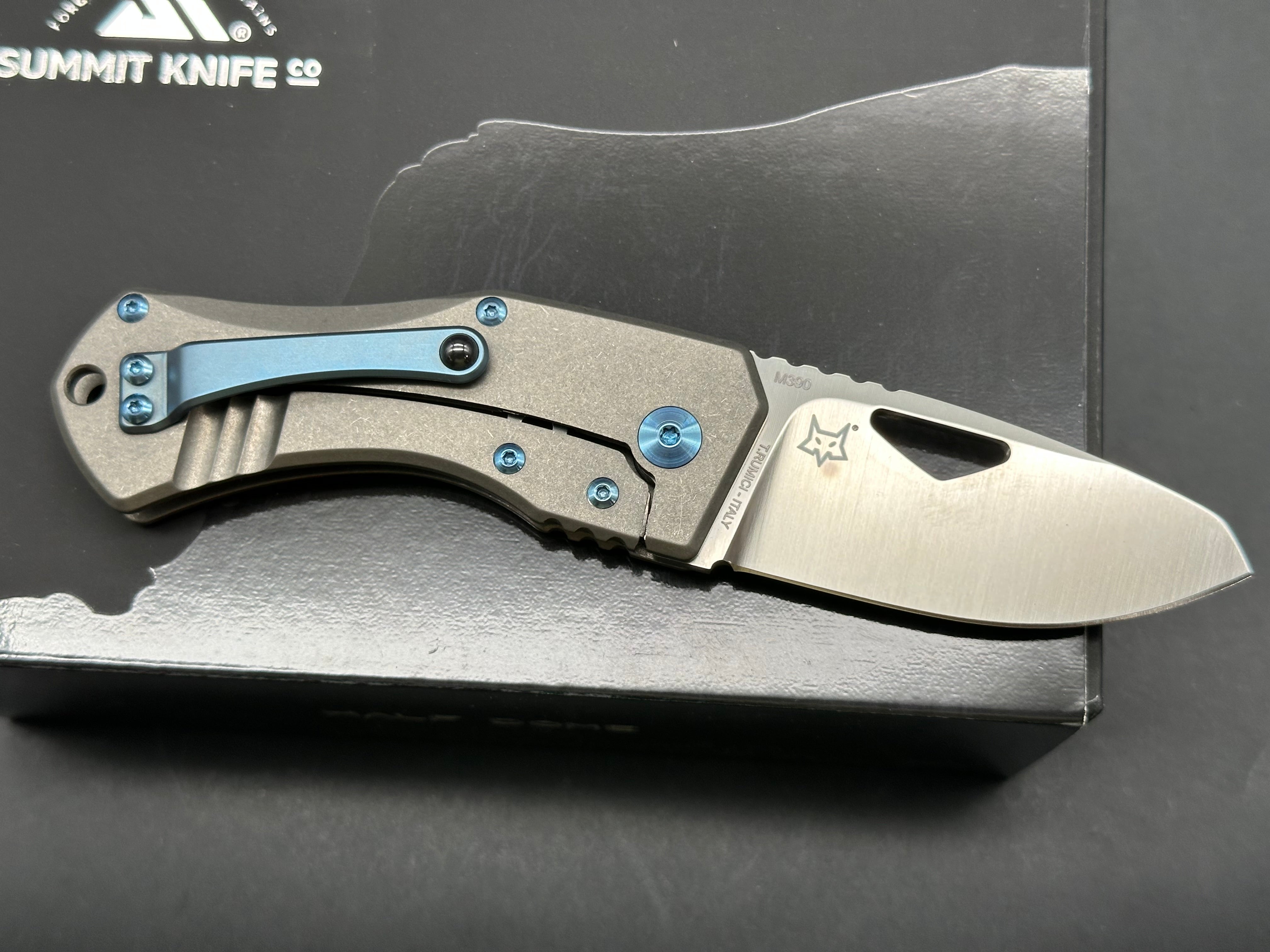 Summit Knife Co. Half Dome, Belt Satin M390 Blade, Stonewashed Ti Handles, Blue Anodized Ti Pocket Clip, Standoffs and Hardware